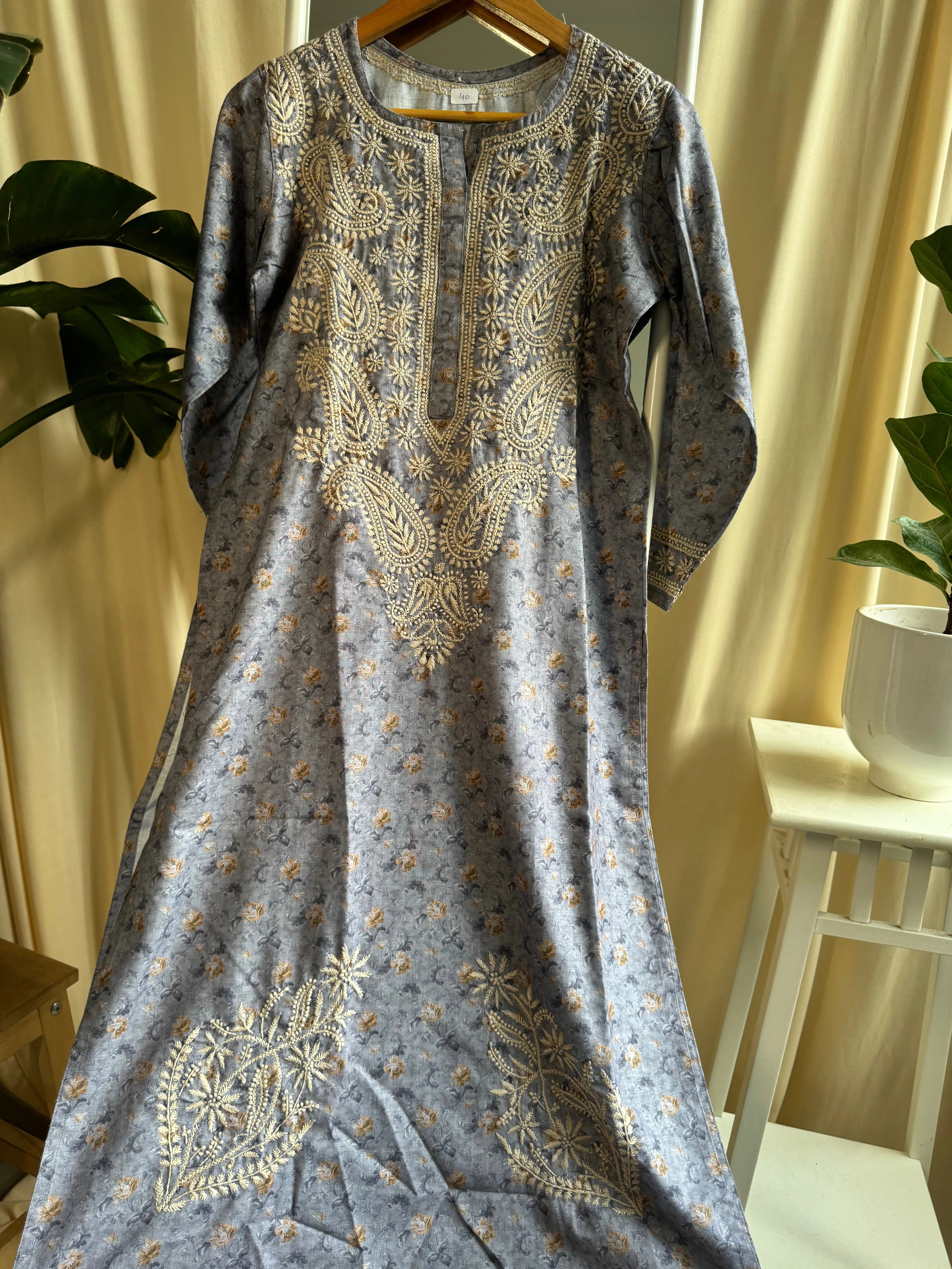 Cotton Printed Chikankari Kurti - Grey Blue ARIAA CHIKANKARI