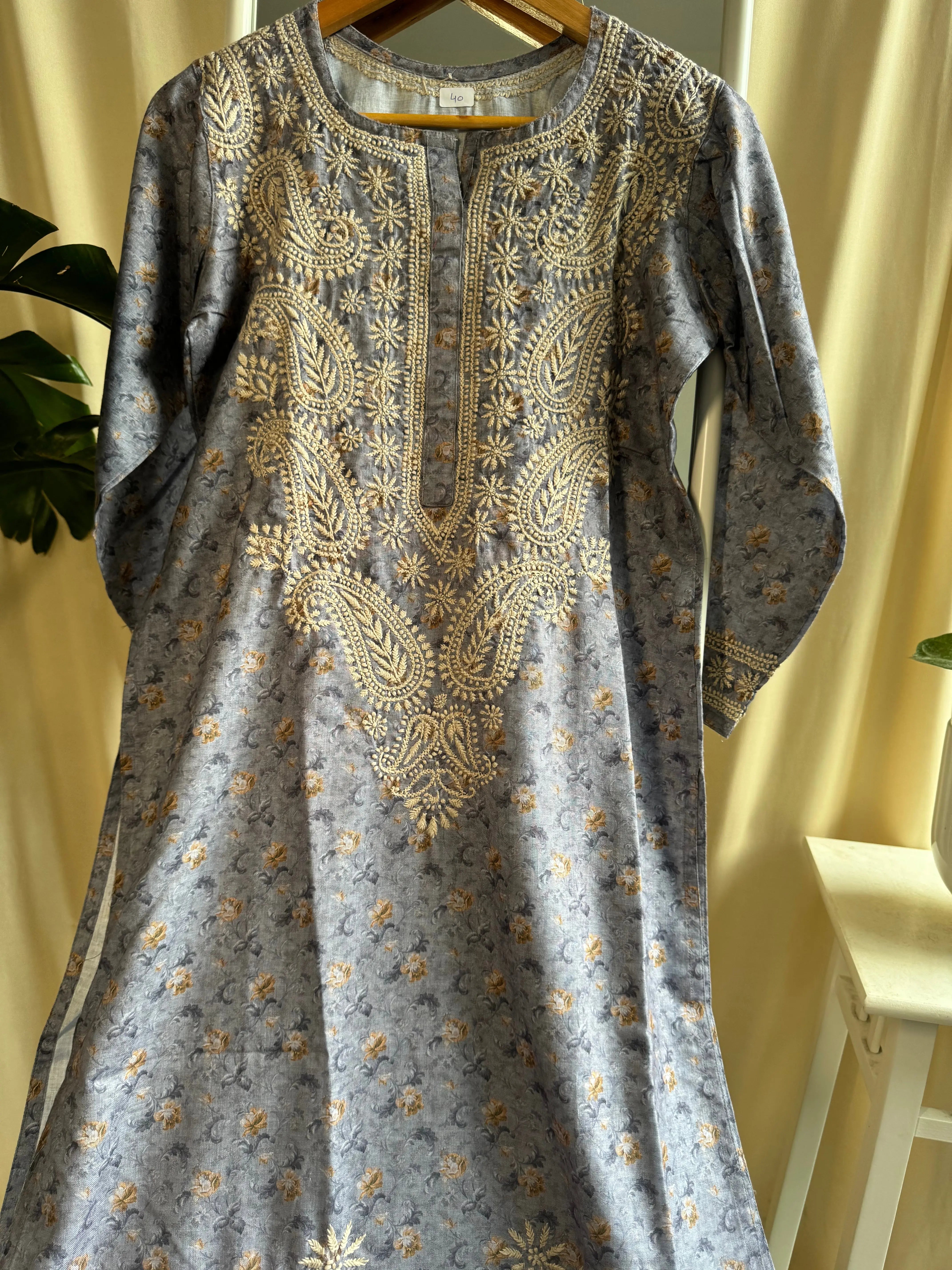 Cotton Printed Chikankari Kurti - Grey Blue ARIAA CHIKANKARI