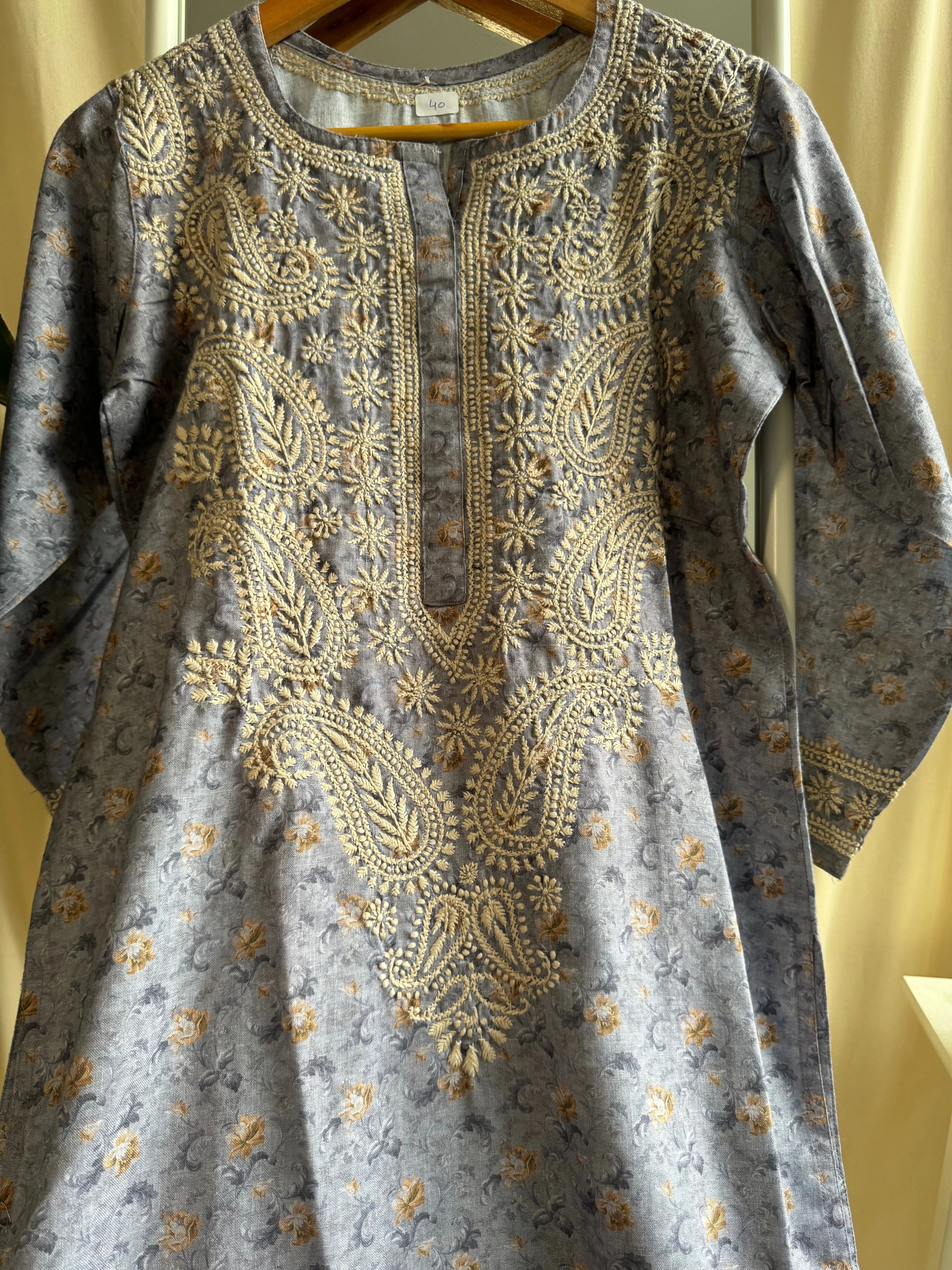 Cotton Printed Chikankari Kurti - Grey Blue ARIAA CHIKANKARI
