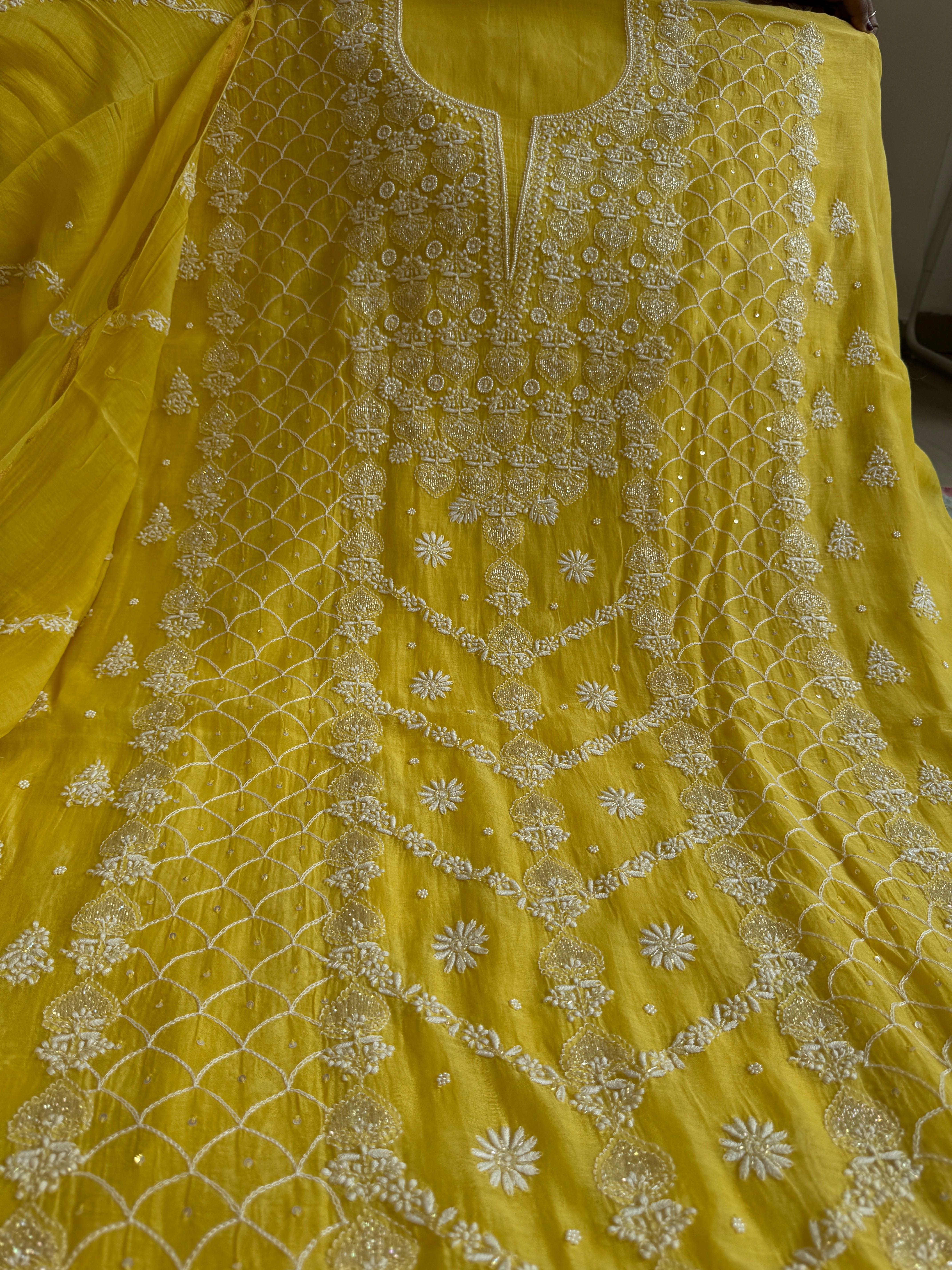 Mul Chanderi Chikankari - Heavy Unstitched Set -Yellow ARIAA CHIKANKARI