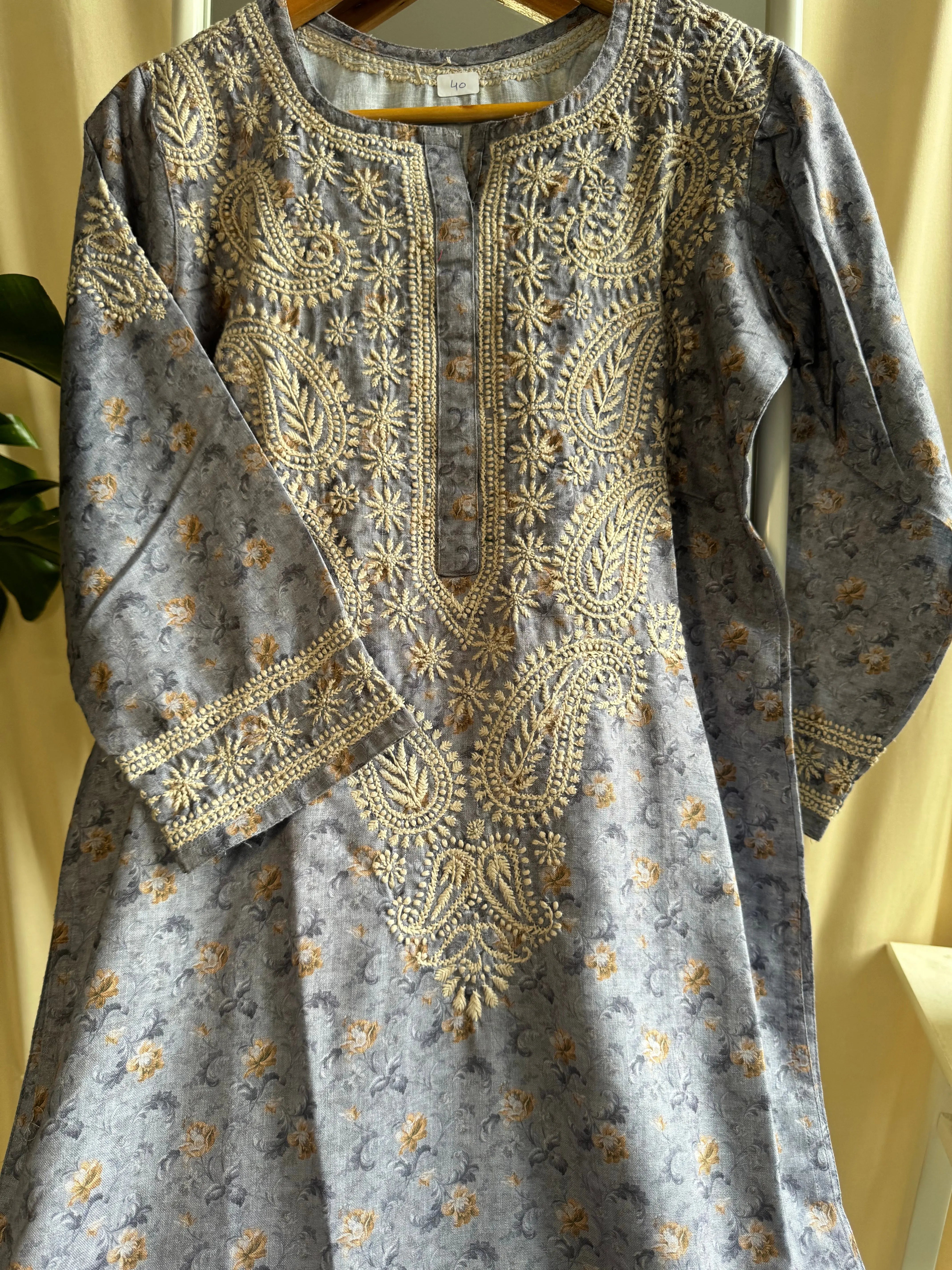 Cotton Printed Chikankari Kurti - Grey Blue ARIAA CHIKANKARI
