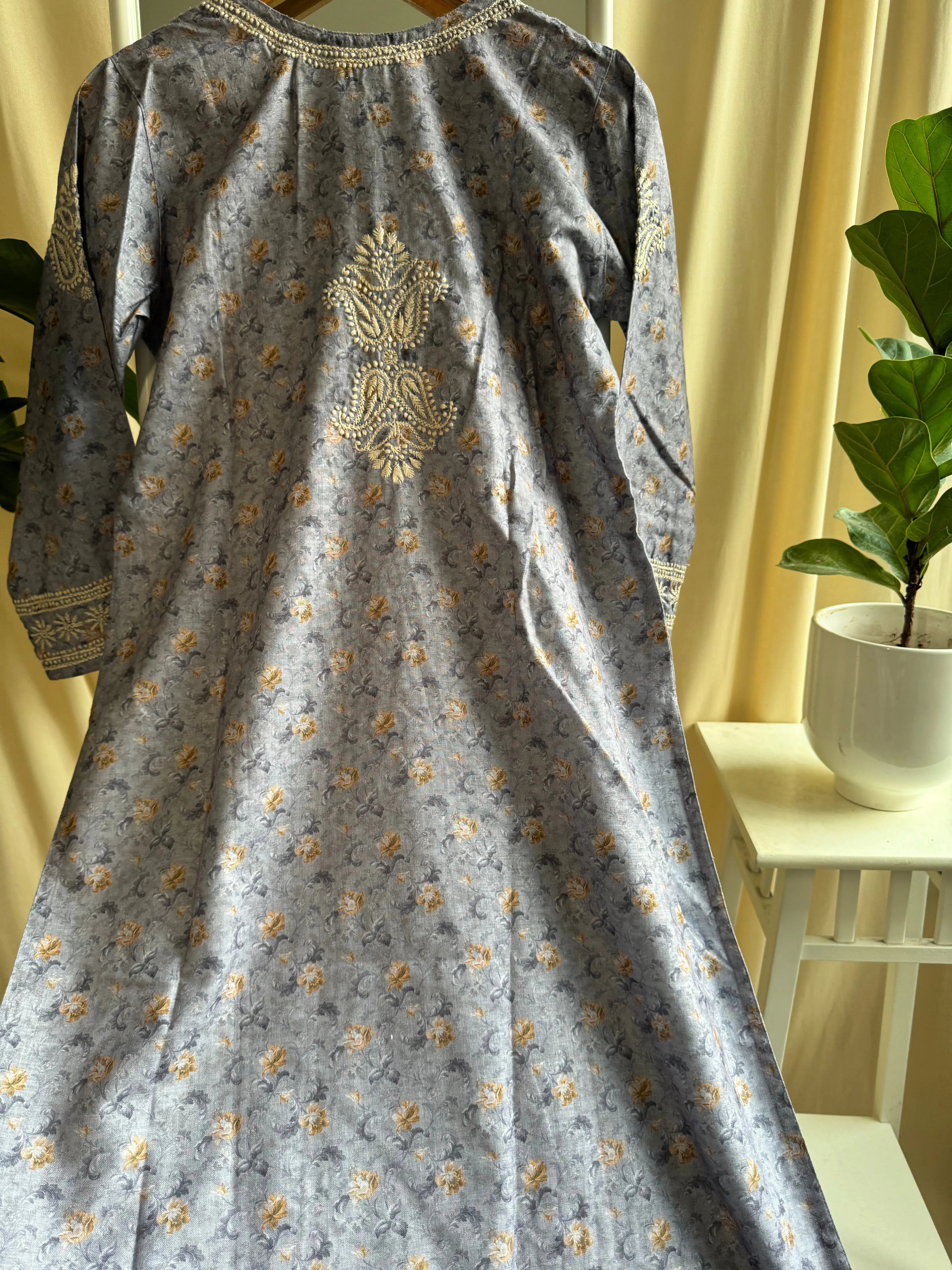 Cotton Printed Chikankari Kurti - Grey Blue ARIAA CHIKANKARI