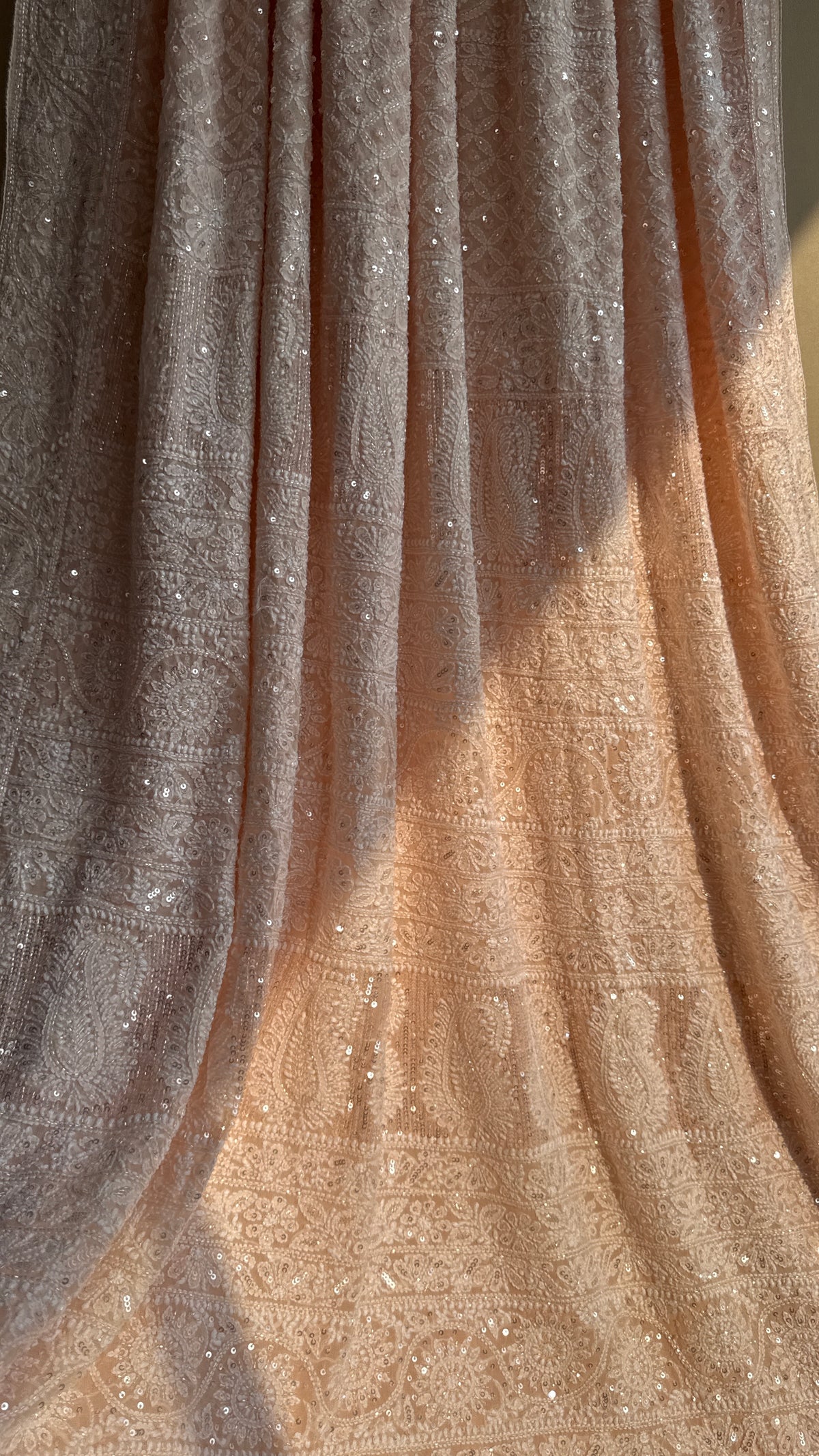 Pure Georgette Lucknow Chikankari Saree - Peach- Rooh Collection