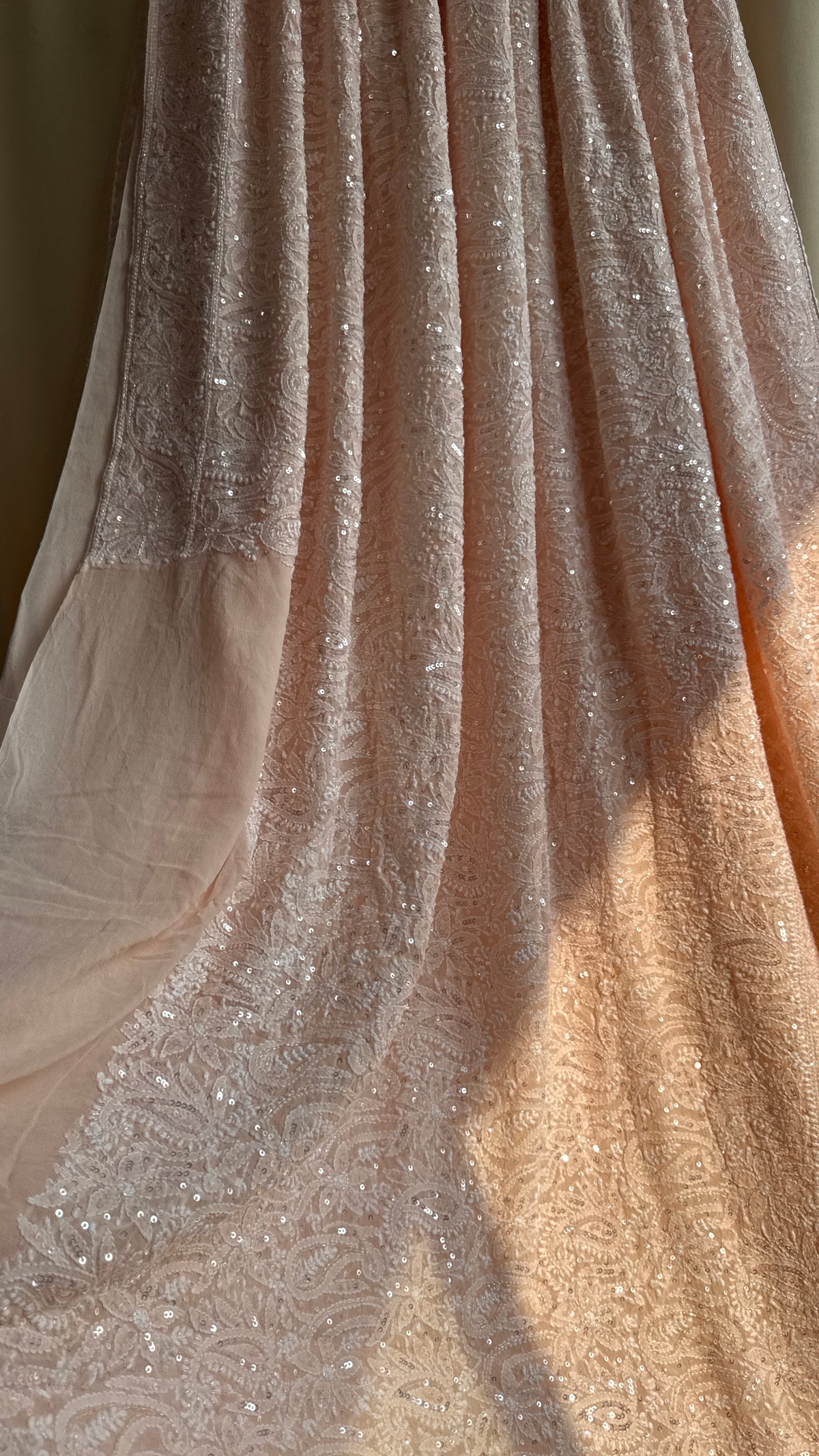Pure Georgette Lucknow Chikankari Saree - Peach- Rooh Collection