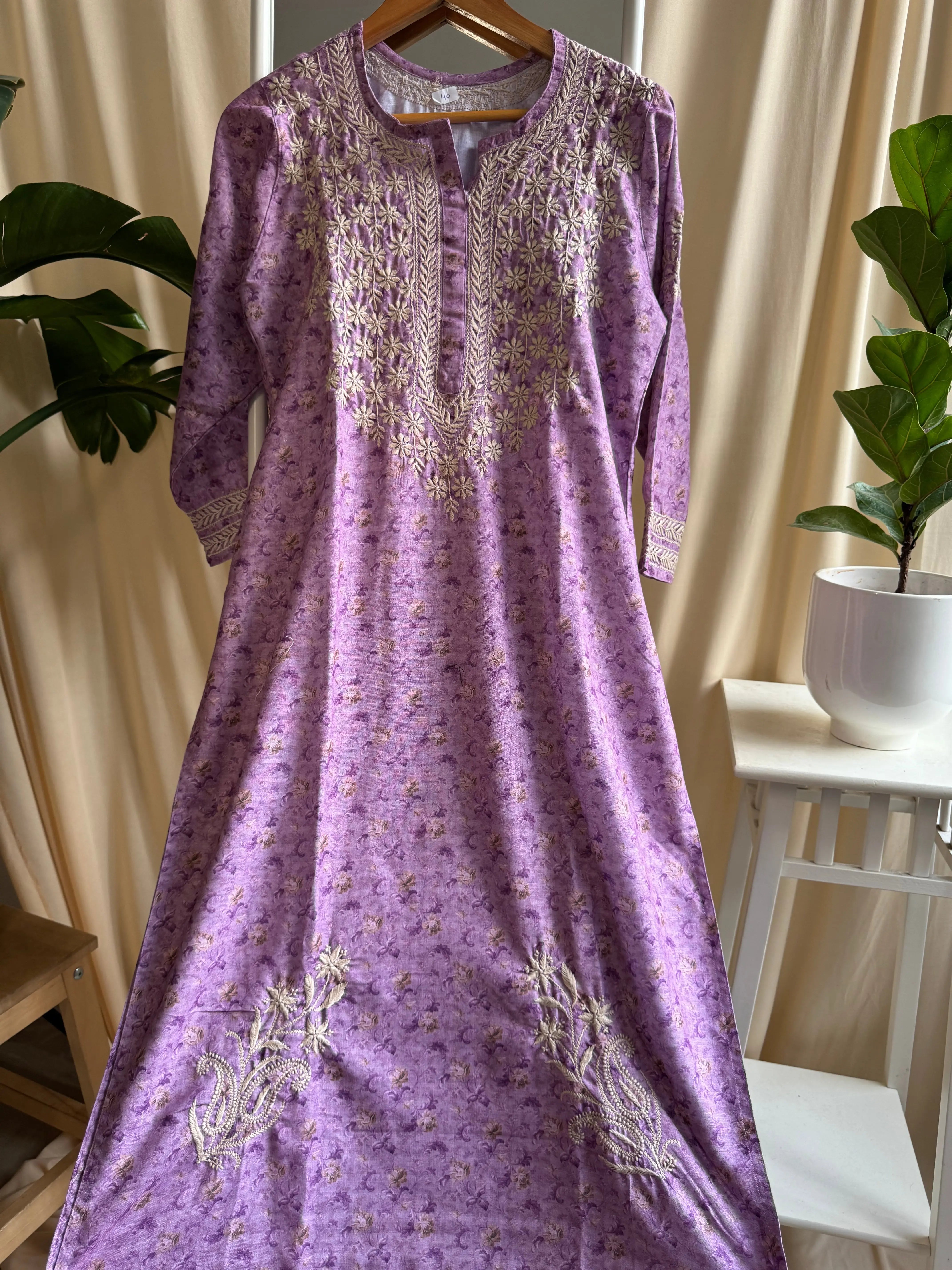Cotton Printed Chikankari Kurti - Lilac ARIAA CHIKANKARI