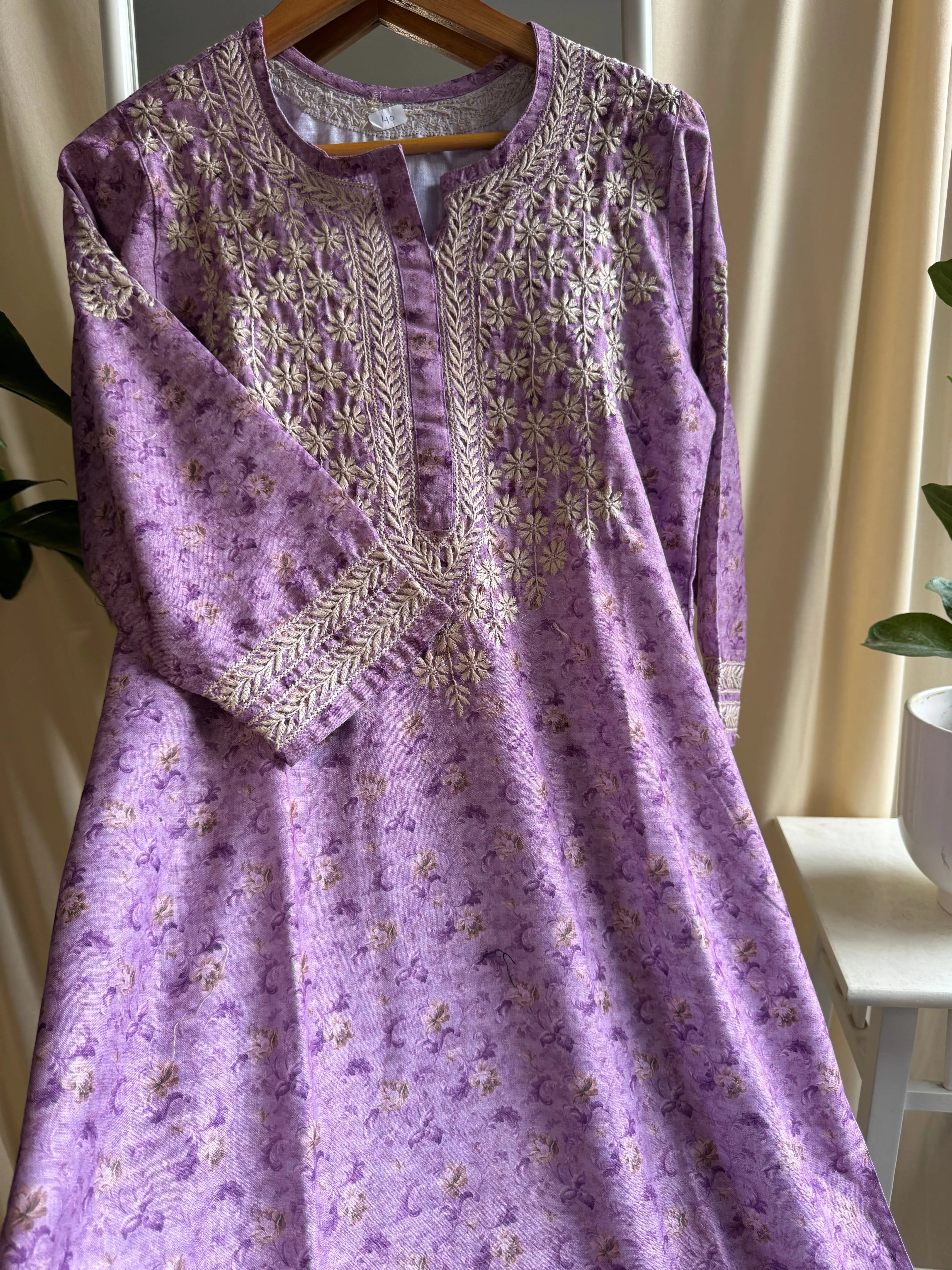 Cotton Printed Chikankari Kurti - Lilac ARIAA CHIKANKARI