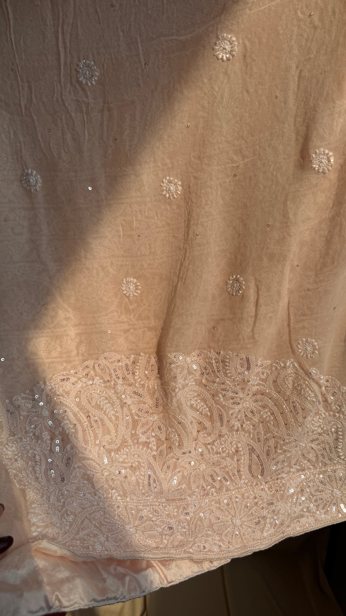 Pure Georgette Lucknow Chikankari Saree - Peach- Rooh Collection