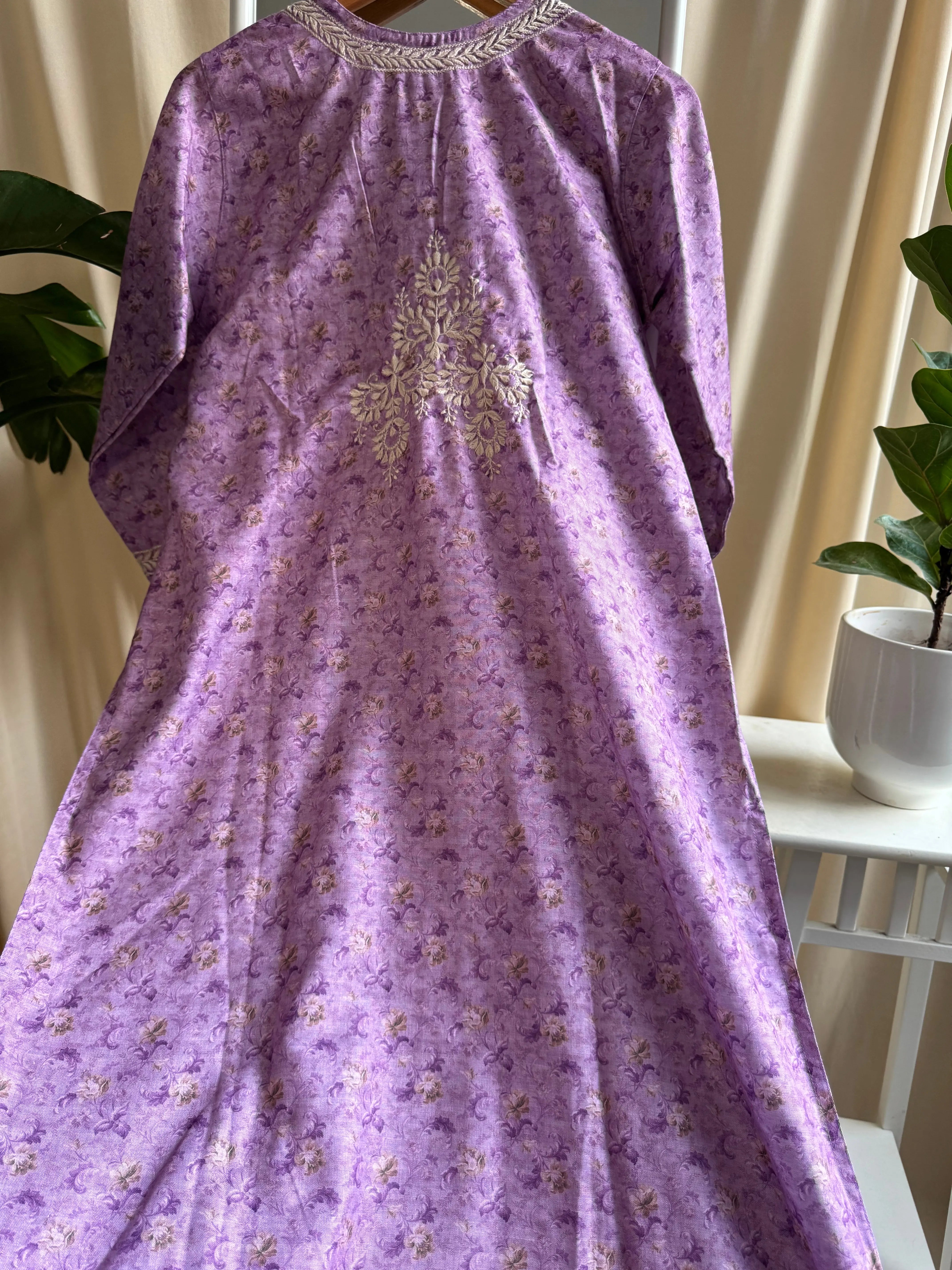 Cotton Printed Chikankari Kurti - Lilac ARIAA CHIKANKARI