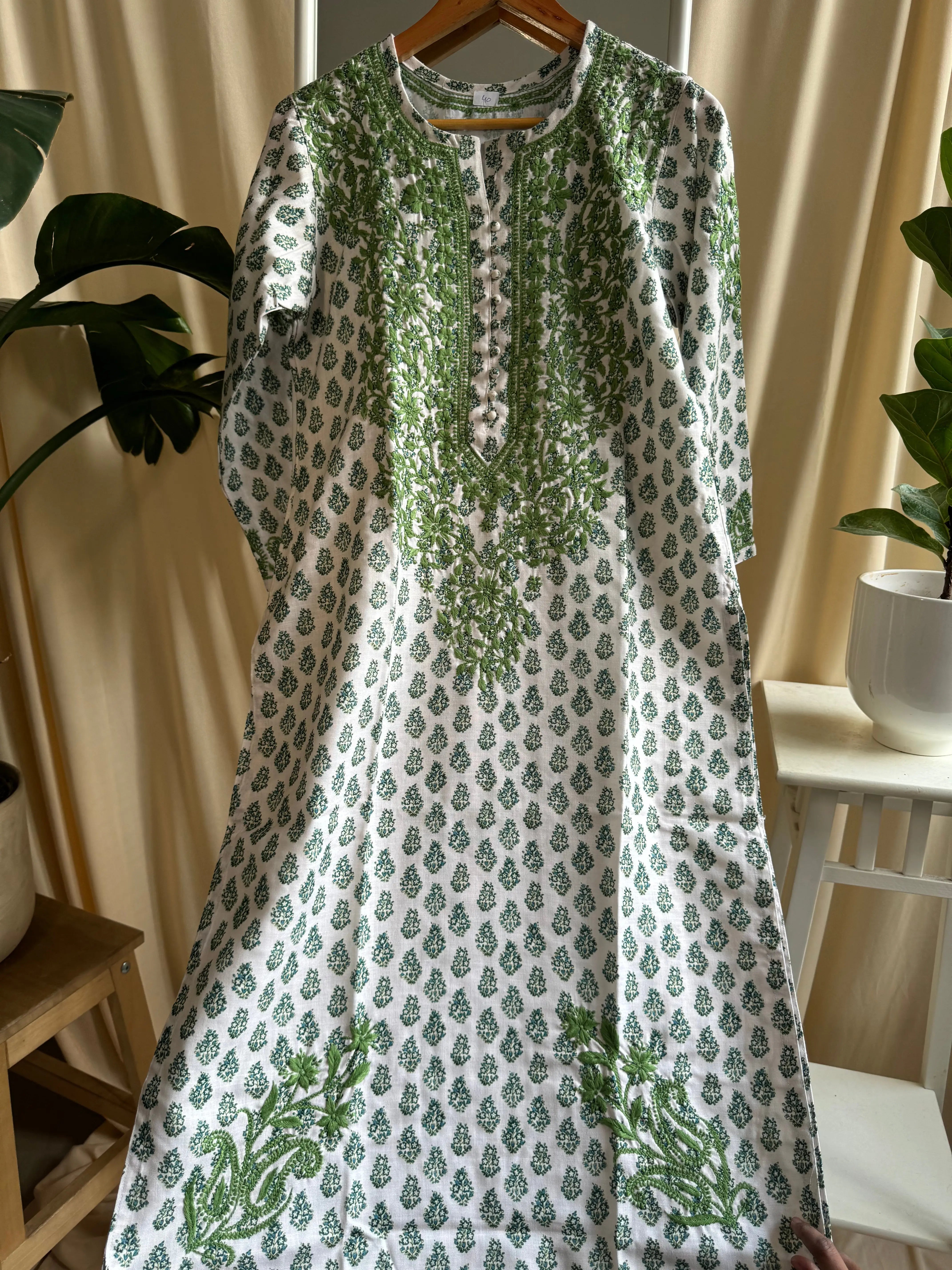 Cotton Printed Chikankari Kurti - Green ARIAA CHIKANKARI