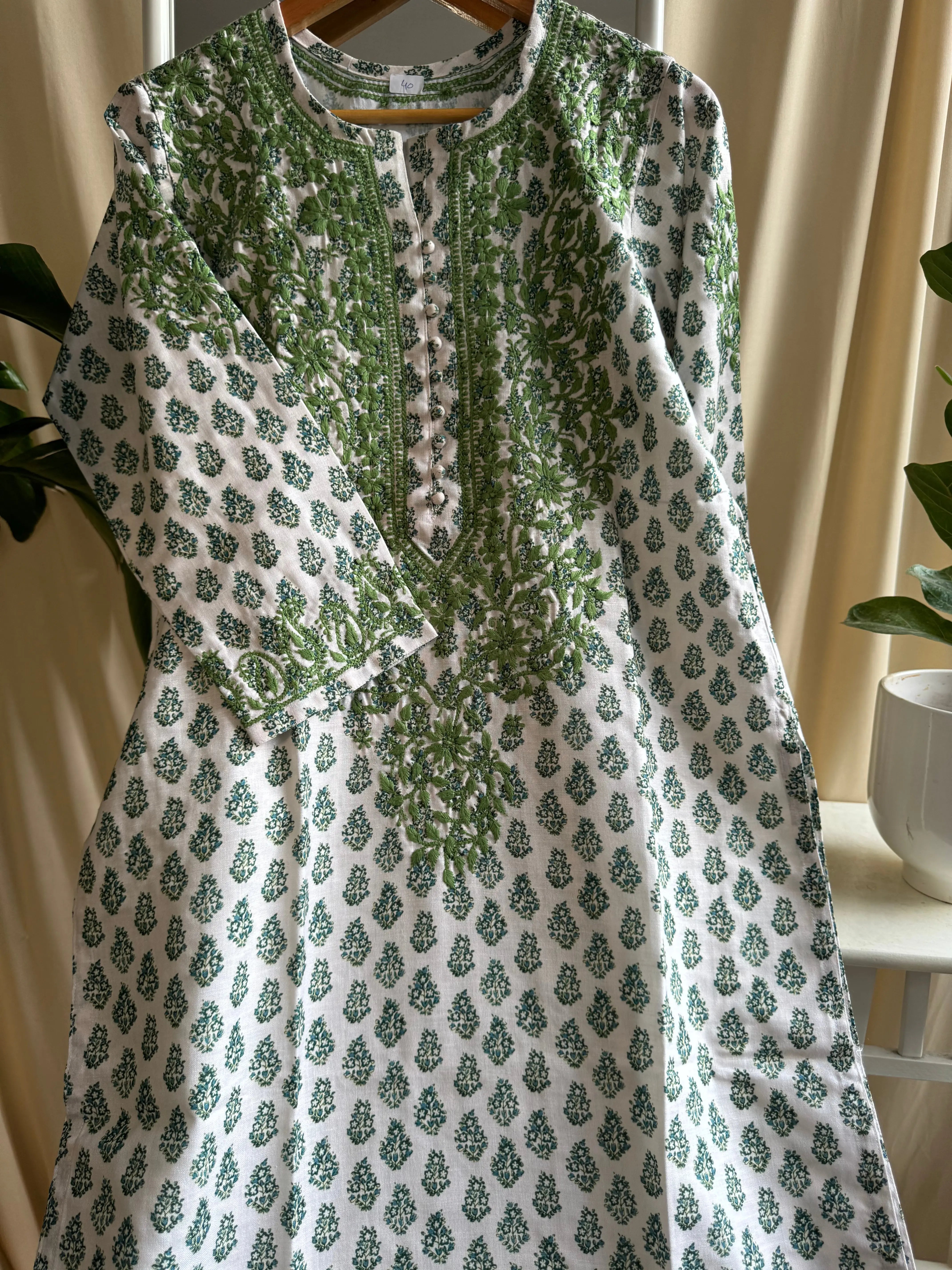 Cotton Printed Chikankari Kurti - Green ARIAA CHIKANKARI