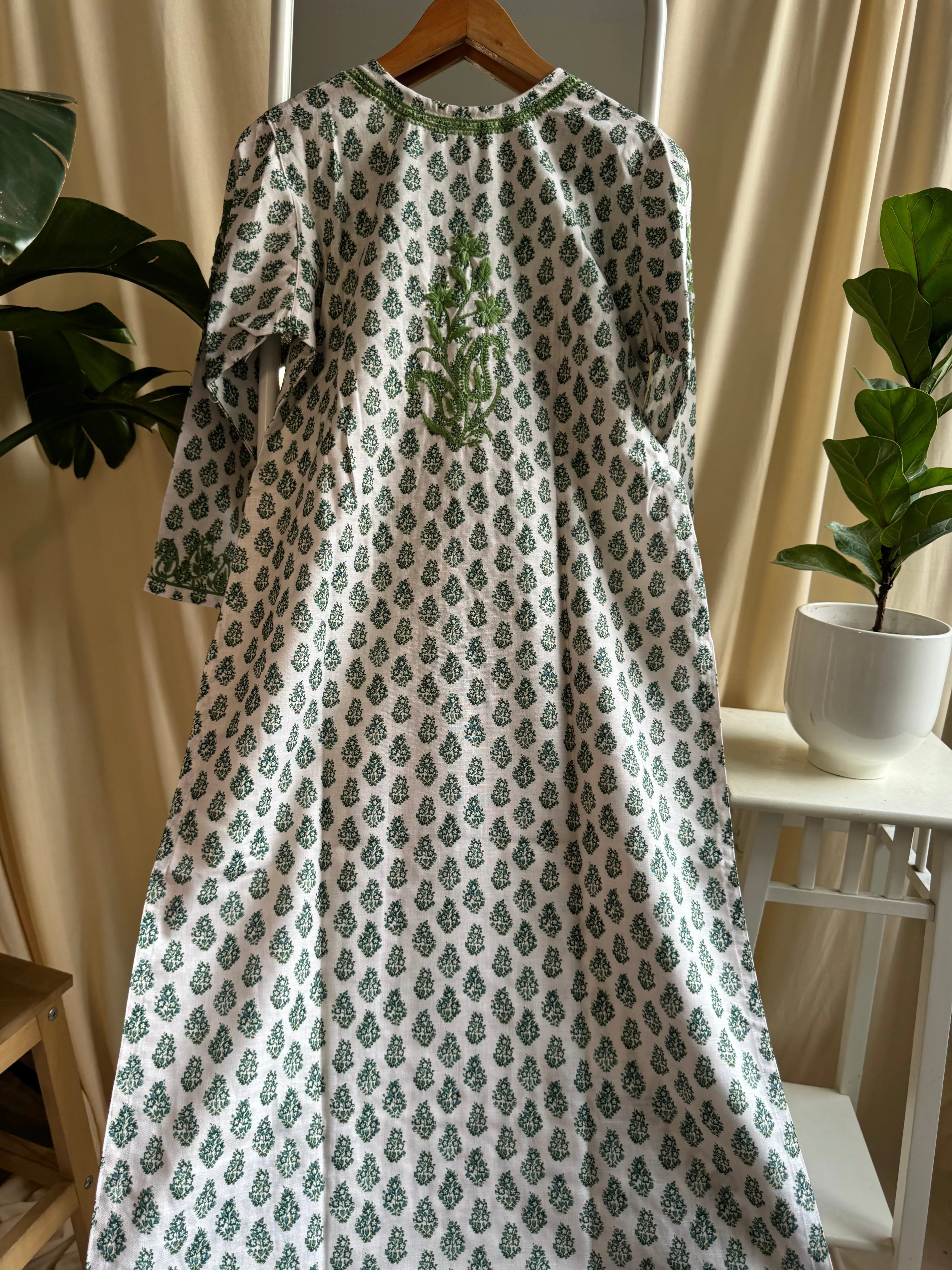 Cotton Printed Chikankari Kurti - Green ARIAA CHIKANKARI