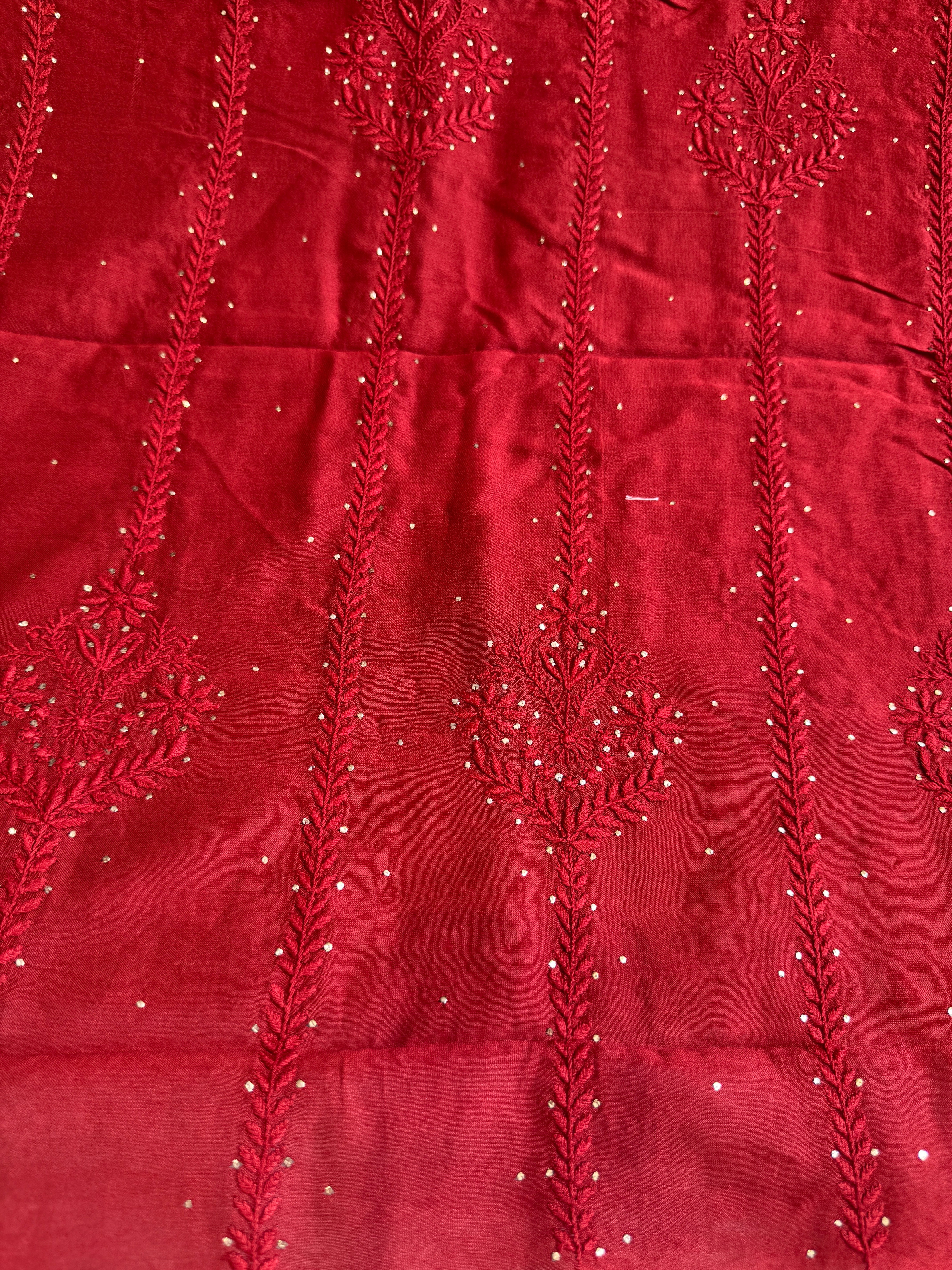 Chanderi Length Mukaish with Dupatta - Red ARIAA CHIKANKARI