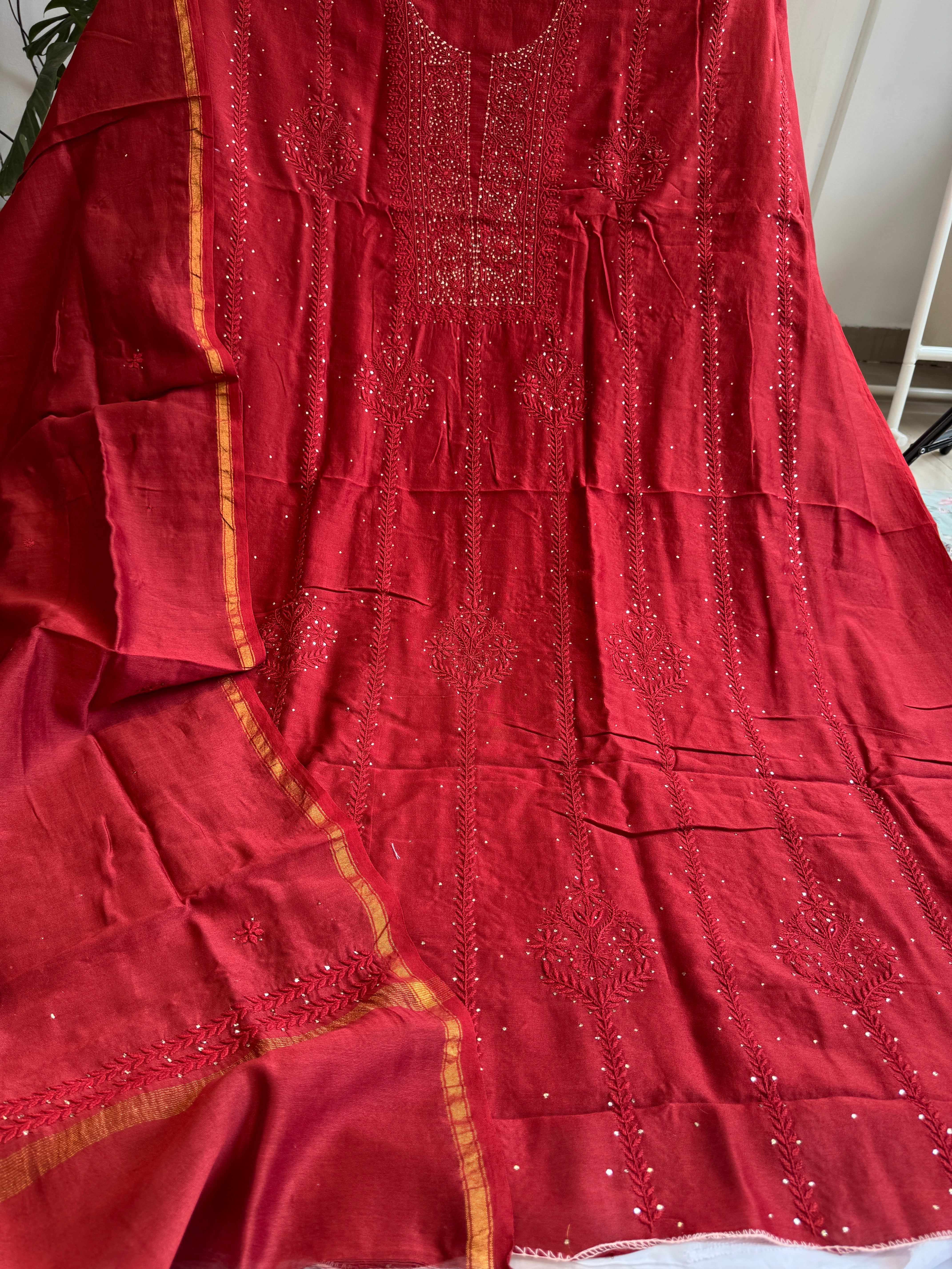 Chanderi Length Mukaish with Dupatta - Red ARIAA CHIKANKARI