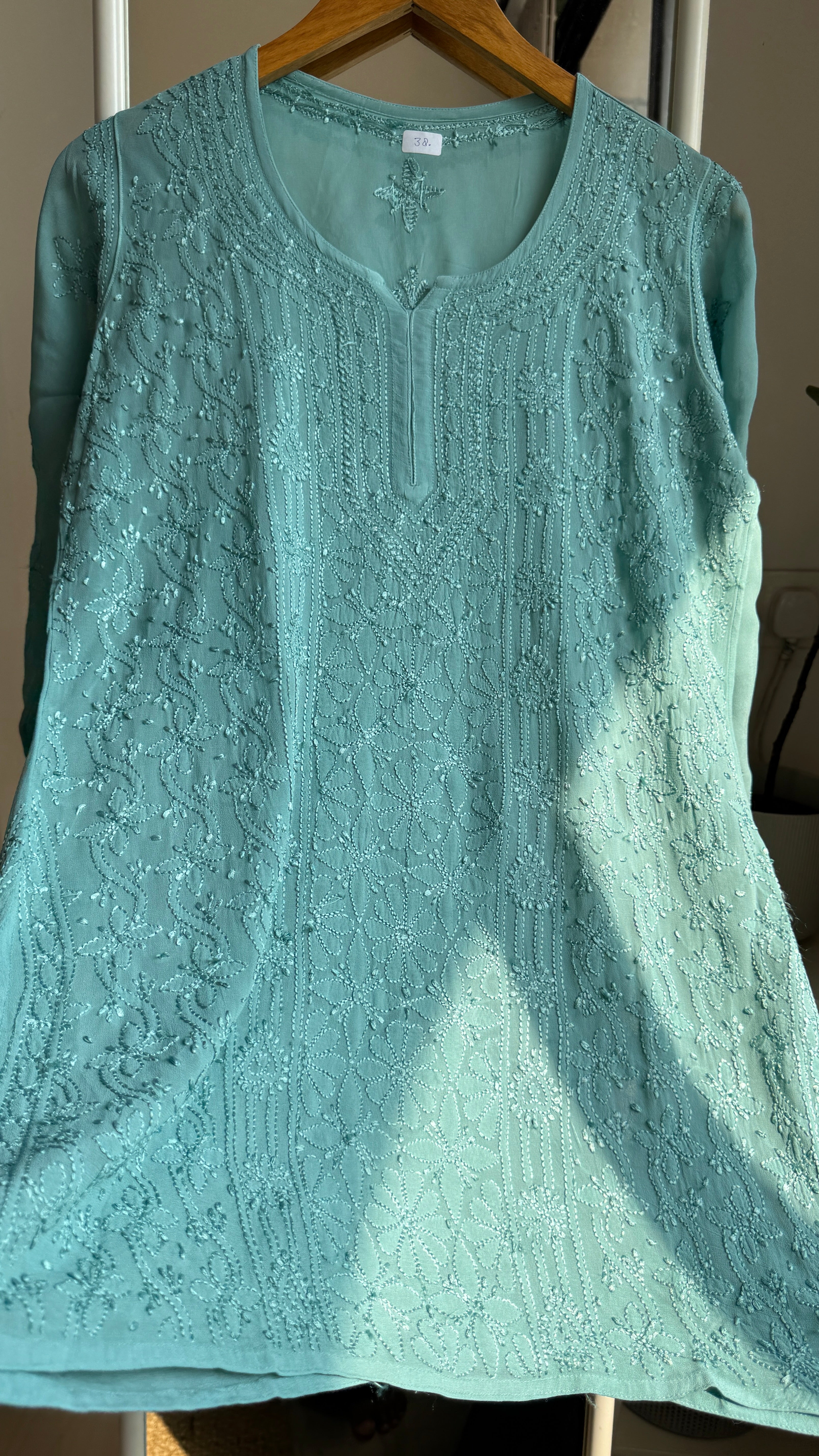 Chikankari Viscose Georgette short Top in Tiffany