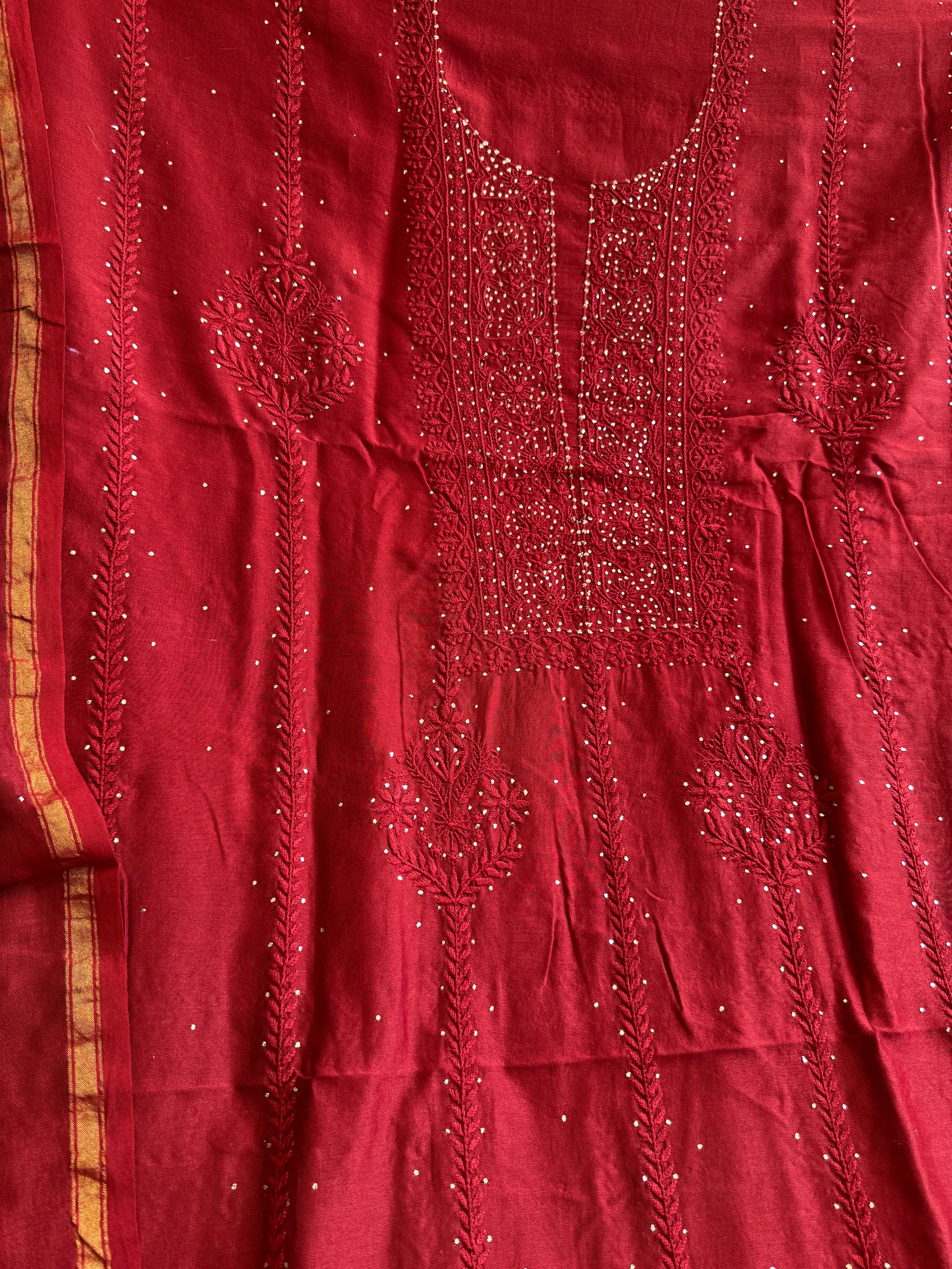 Chanderi Length Mukaish with Dupatta - Red ARIAA CHIKANKARI