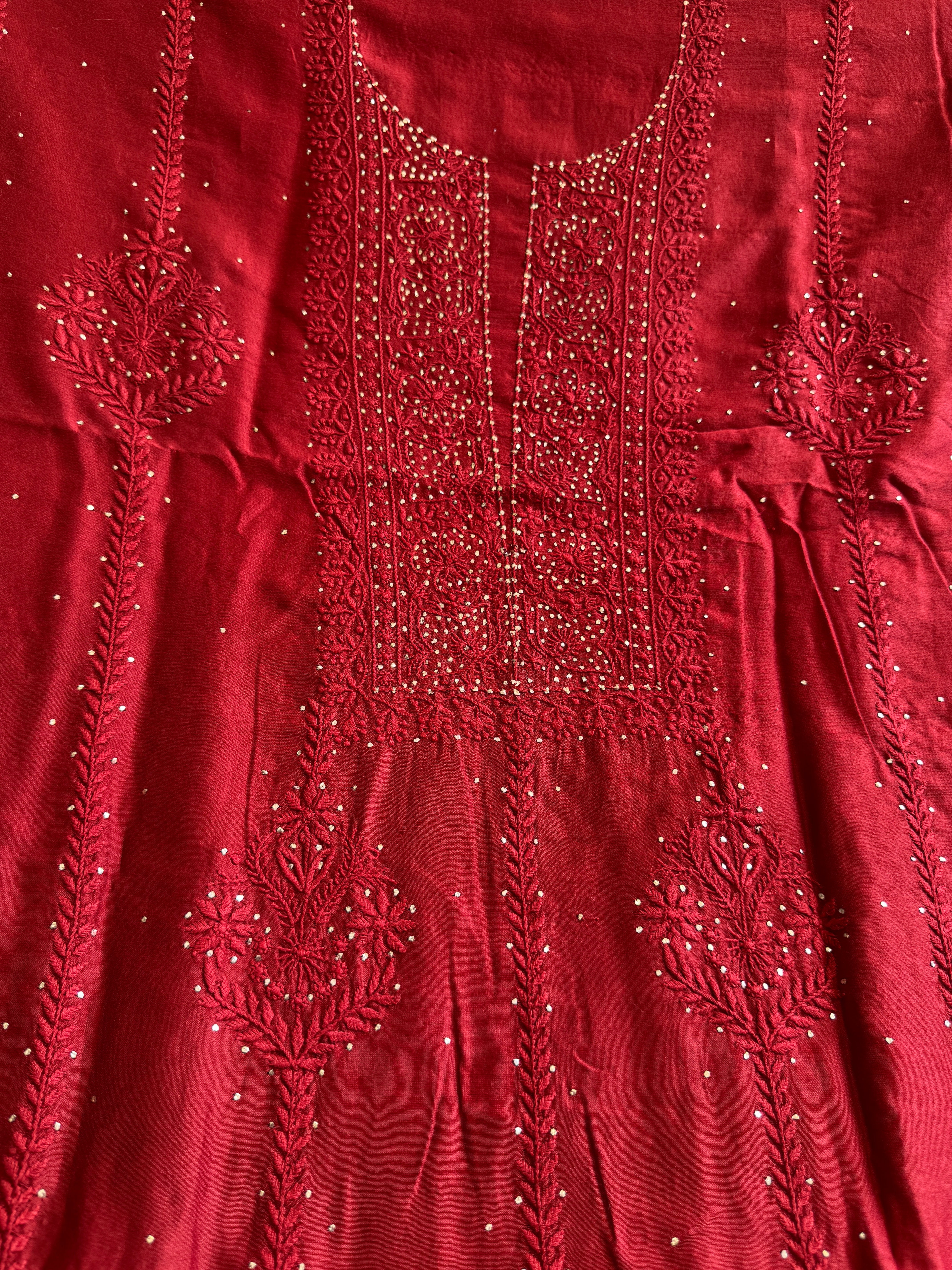 Chanderi Length Mukaish with Dupatta - Red ARIAA CHIKANKARI
