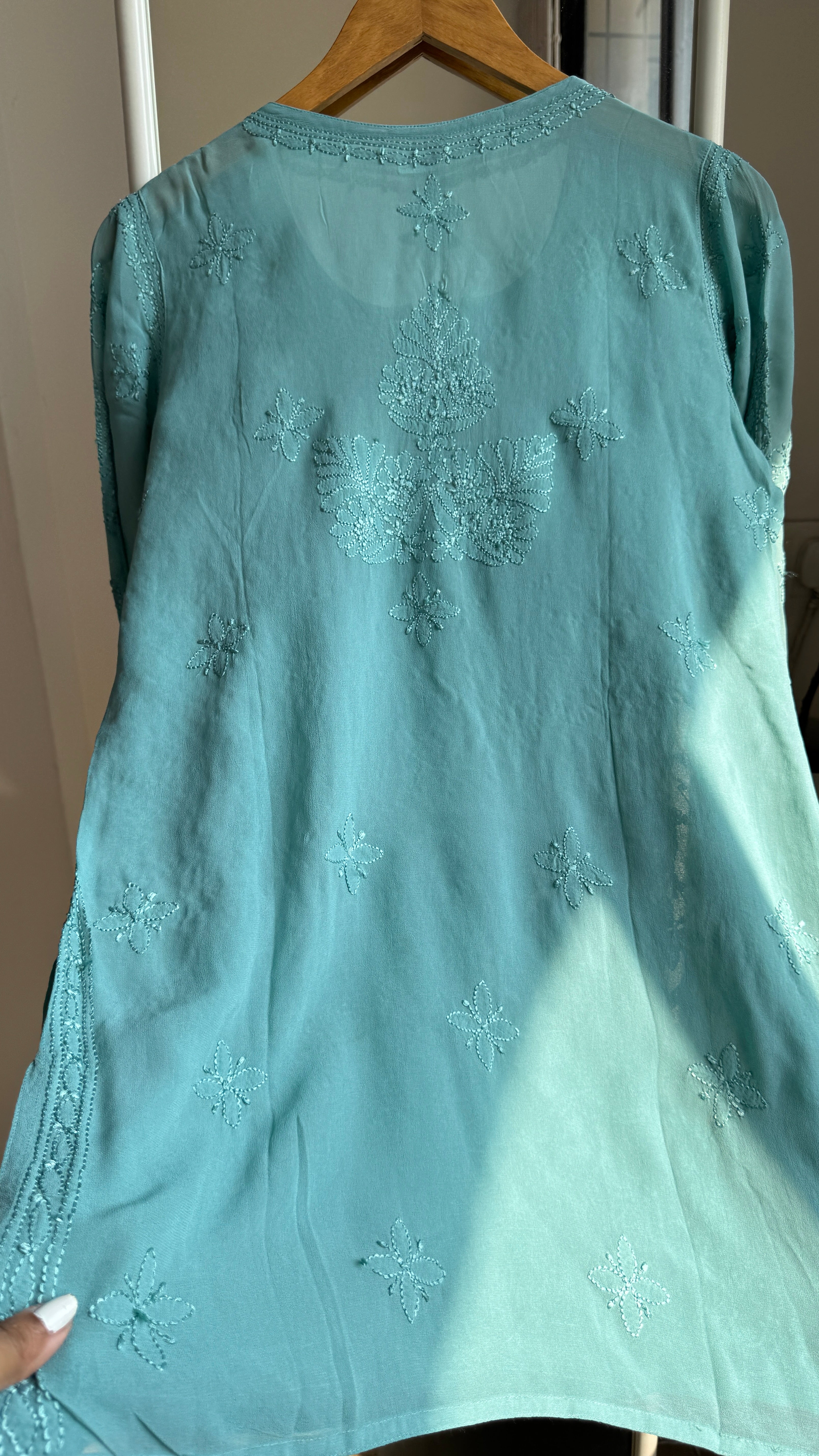 Chikankari Viscose Georgette short Top in Tiffany