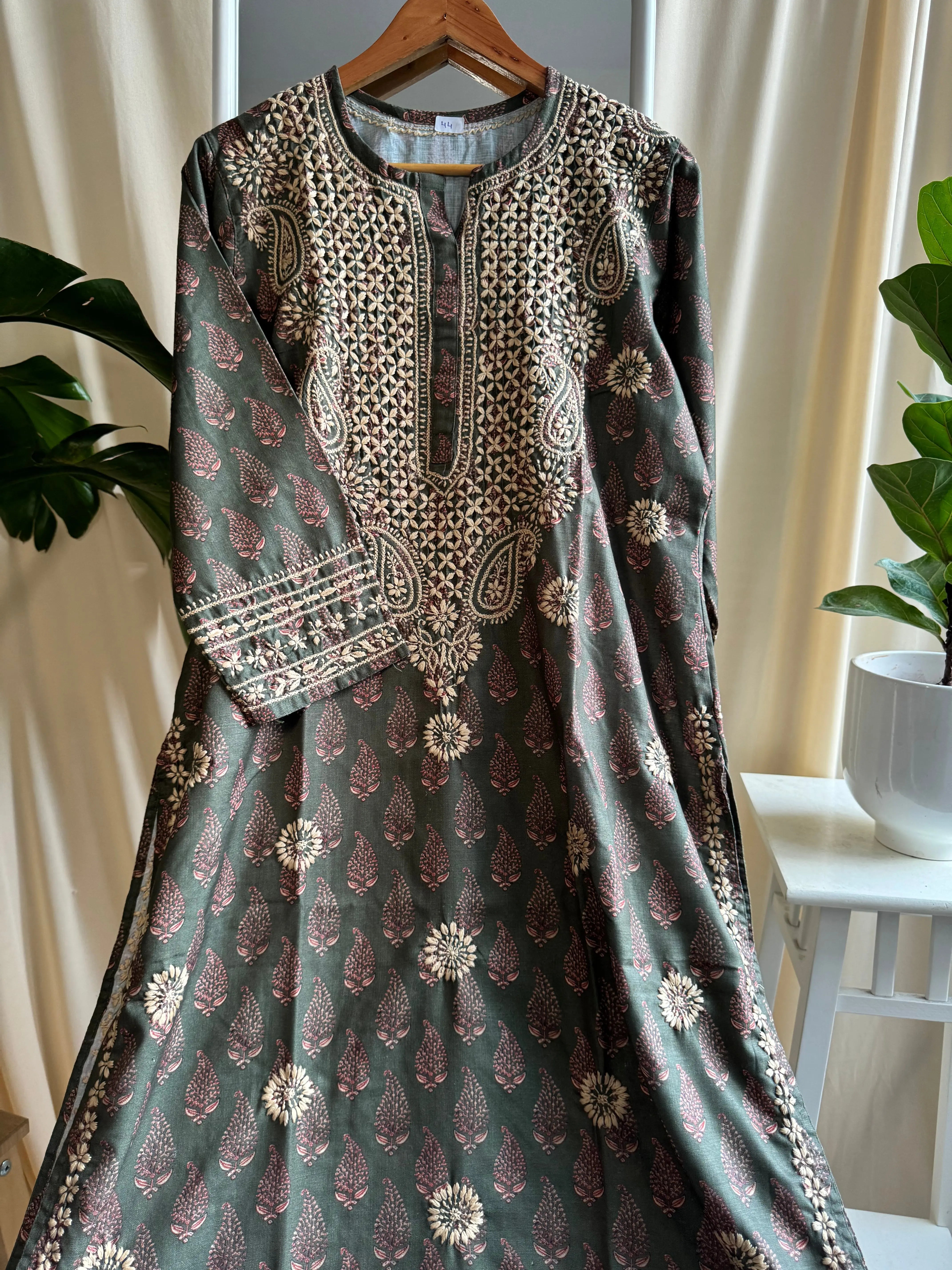 Cotton Printed Chikankari Kurti - Green ARIAA CHIKANKARI