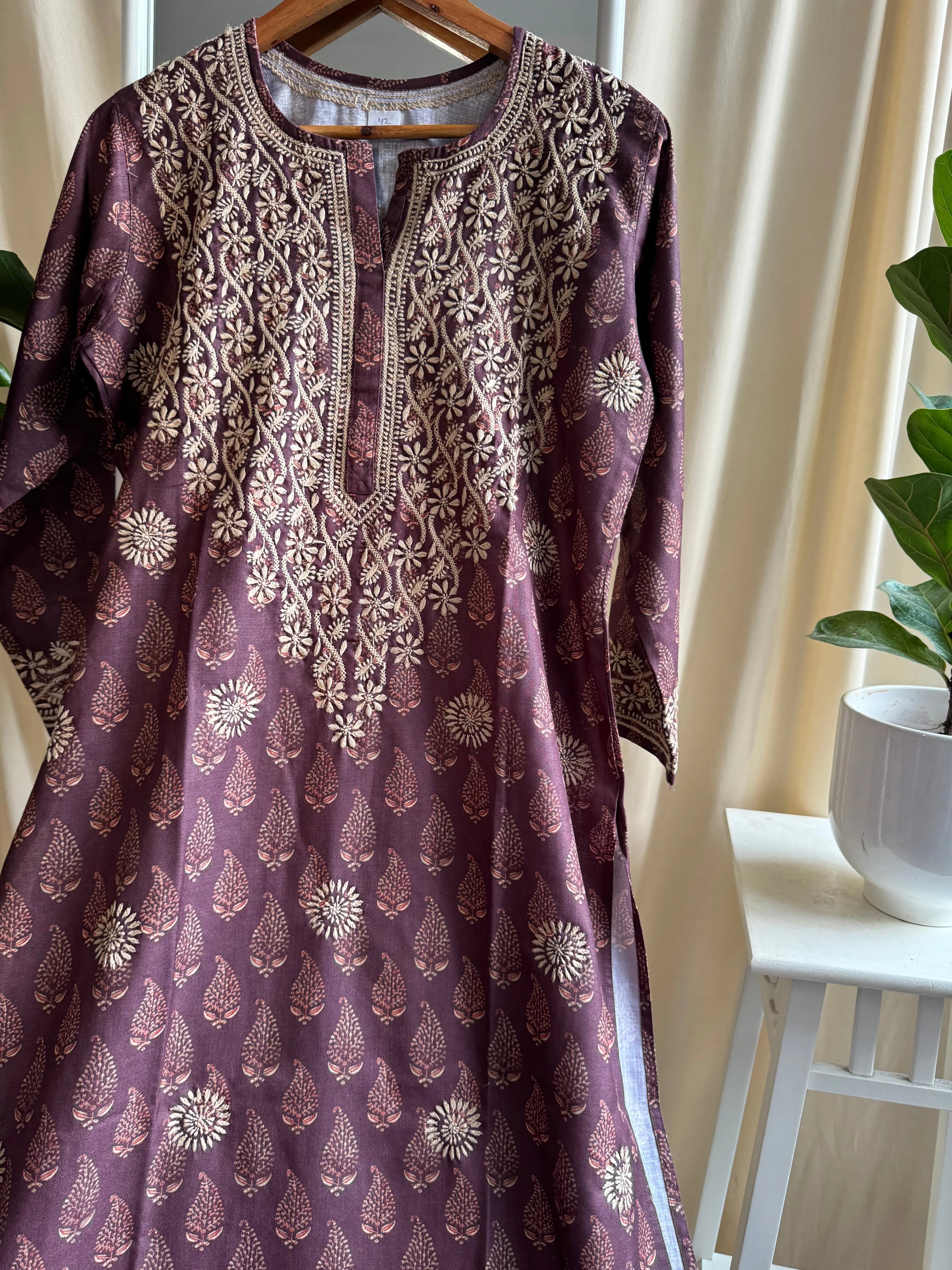 Cotton Printed Chikankari Kurti - Mauve ARIAA CHIKANKARI