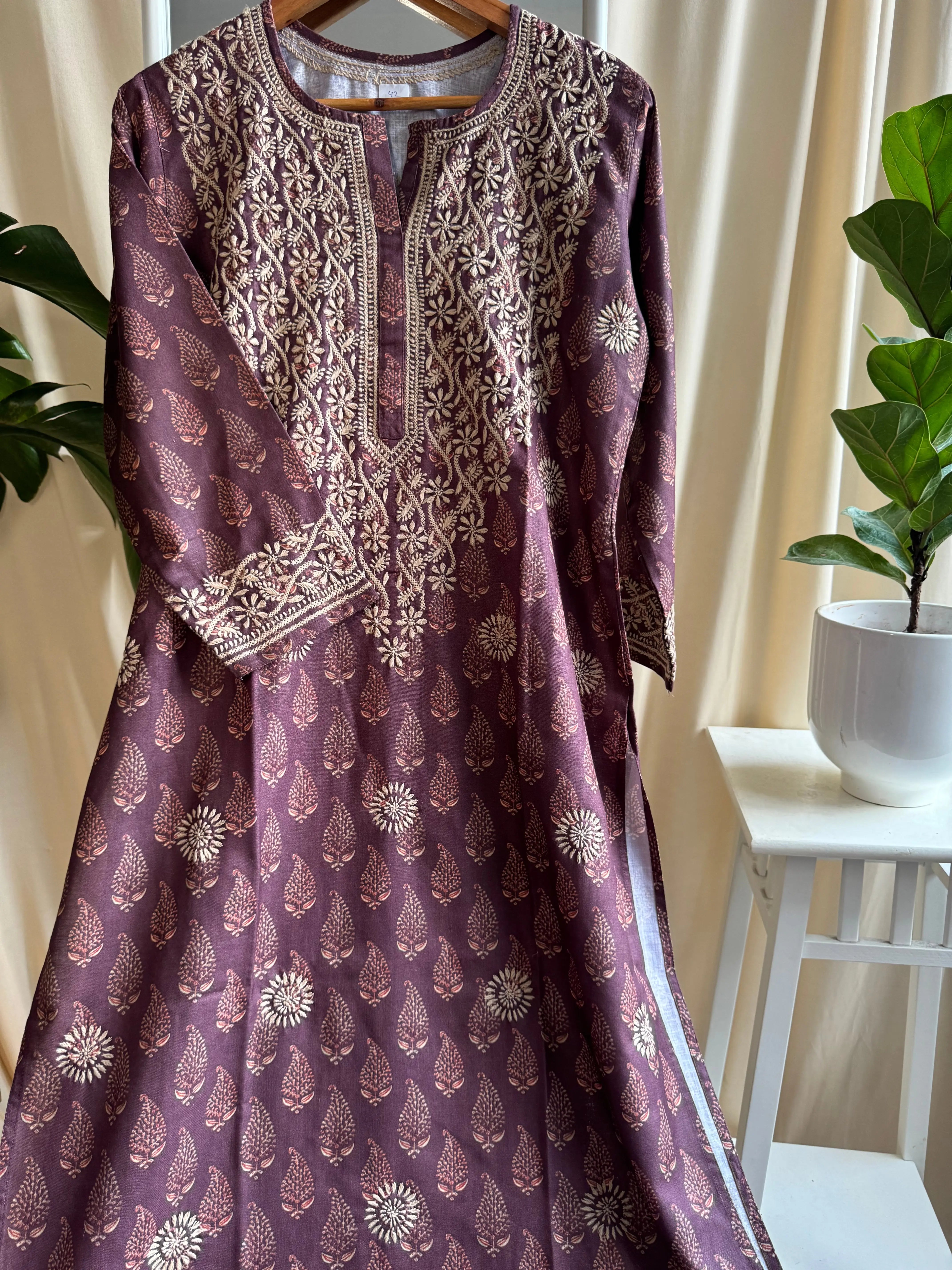 Cotton Printed Chikankari Kurti - Mauve ARIAA CHIKANKARI