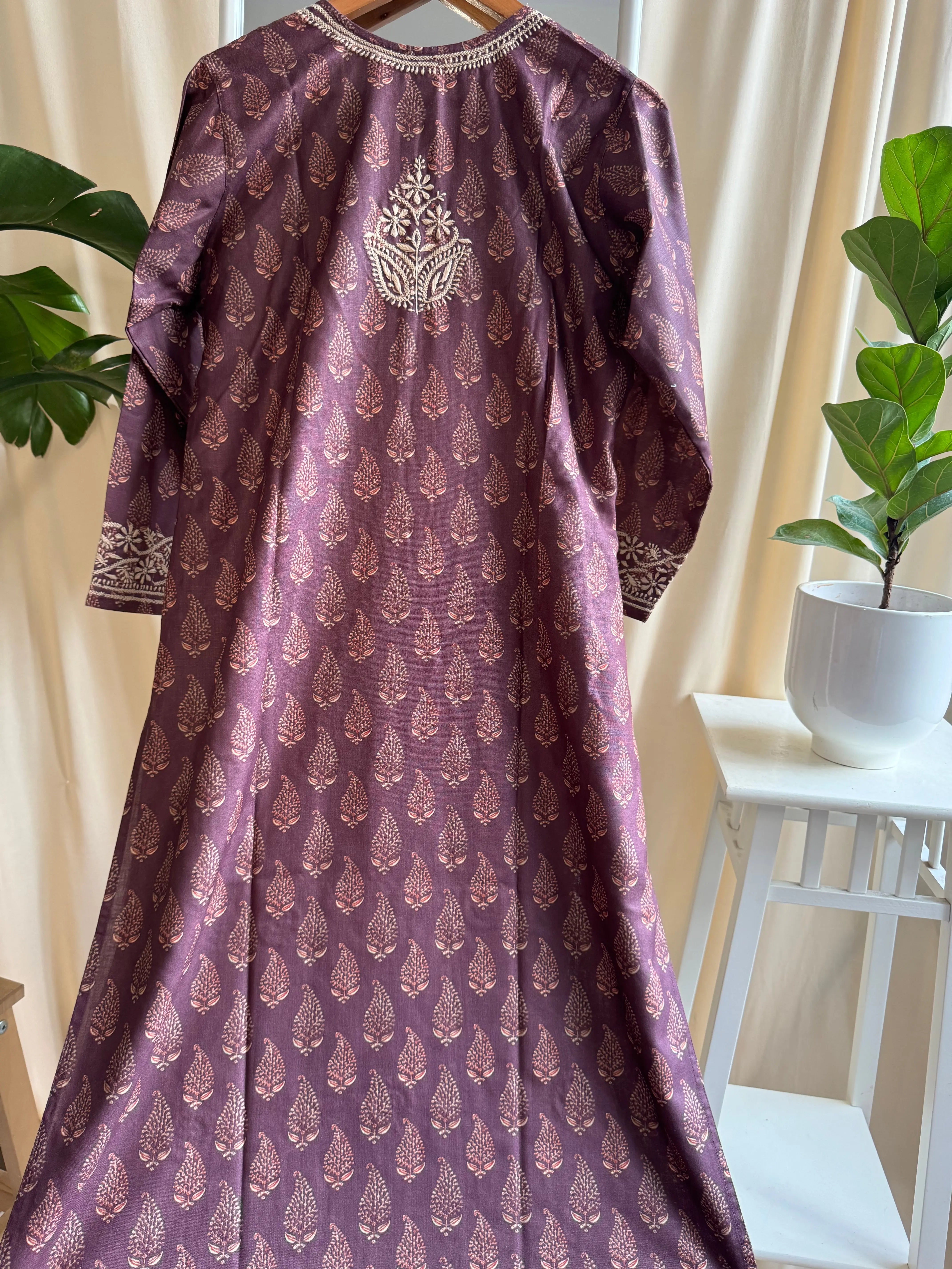 Cotton Printed Chikankari Kurti - Mauve ARIAA CHIKANKARI