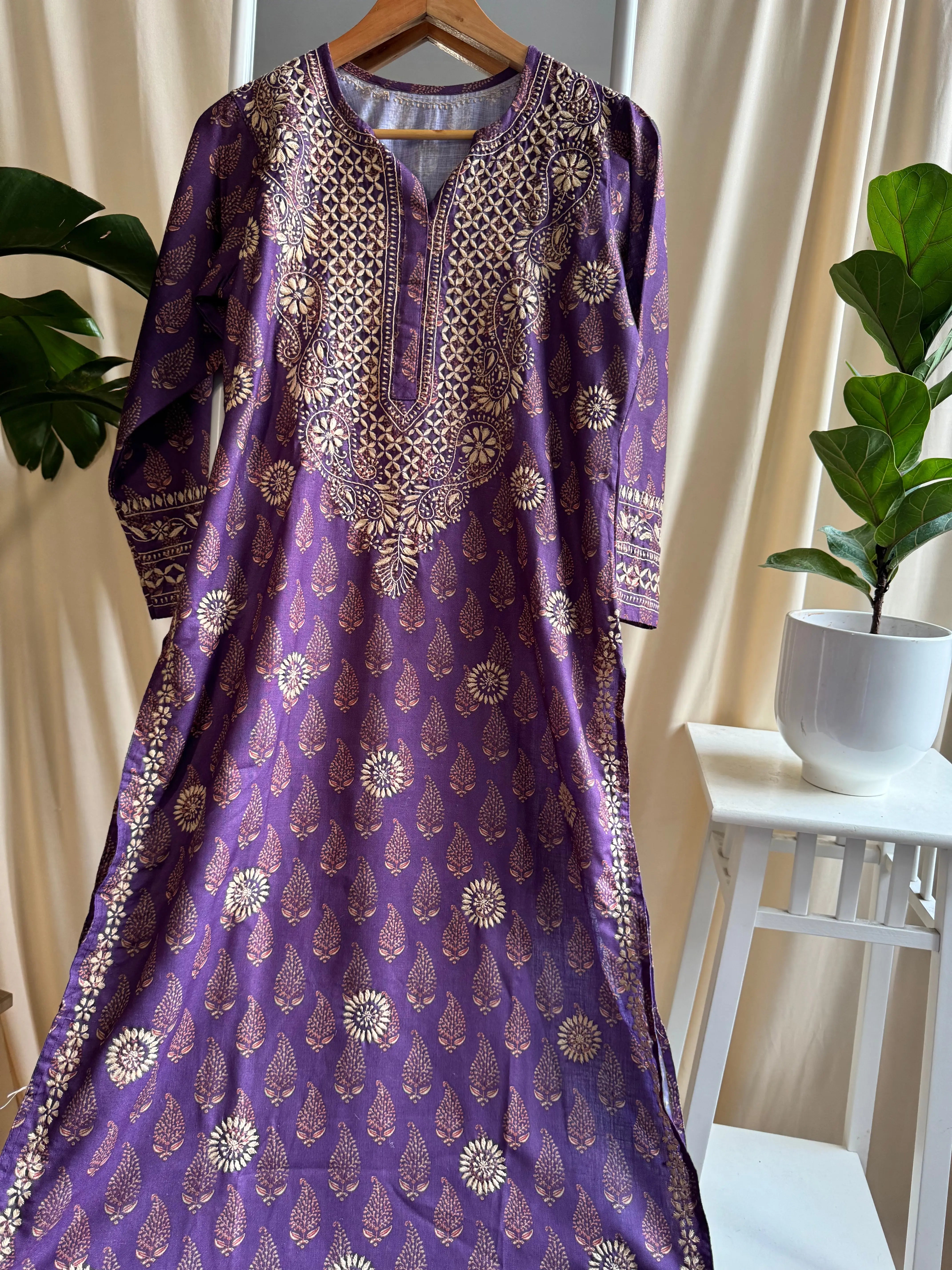 Cotton Chikankari Kurti - Purple ARIAA CHIKANKARI