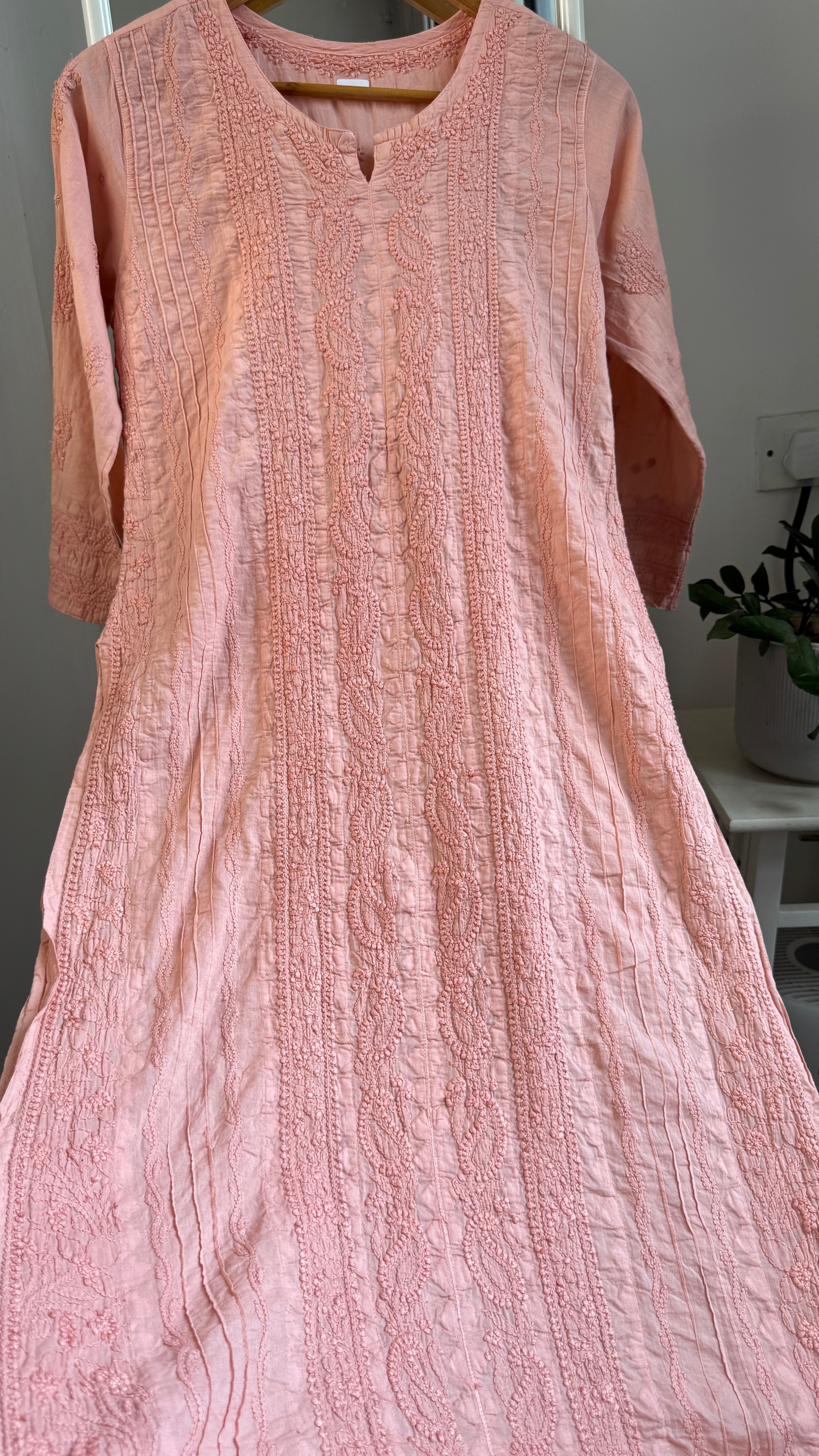Pure Cotton Chikankari Full Jaal Kurti -Carrot Peach - Gul Collection