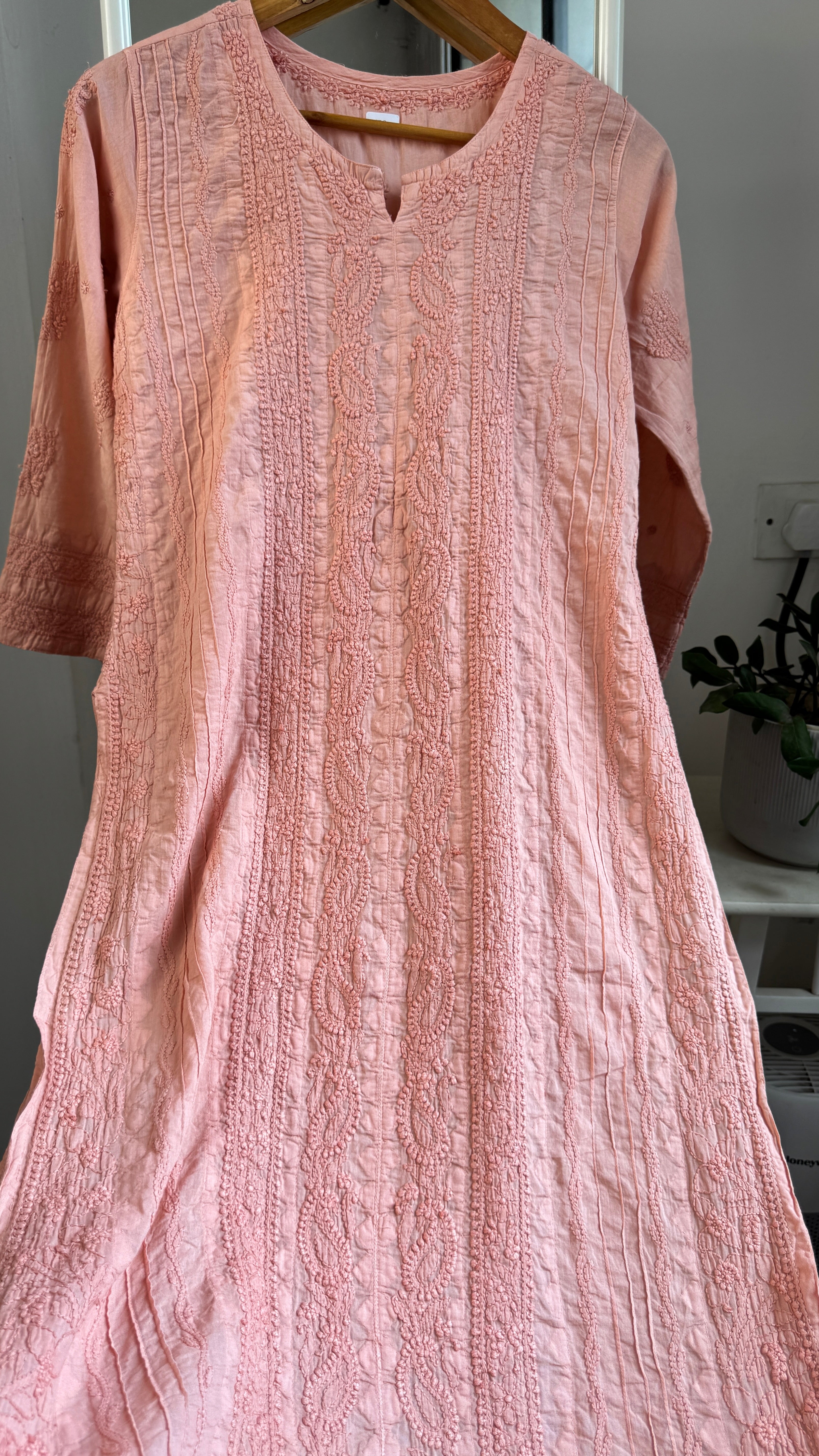 Pure Cotton Chikankari Full Jaal Kurti -Carrot Peach - Gul Collection