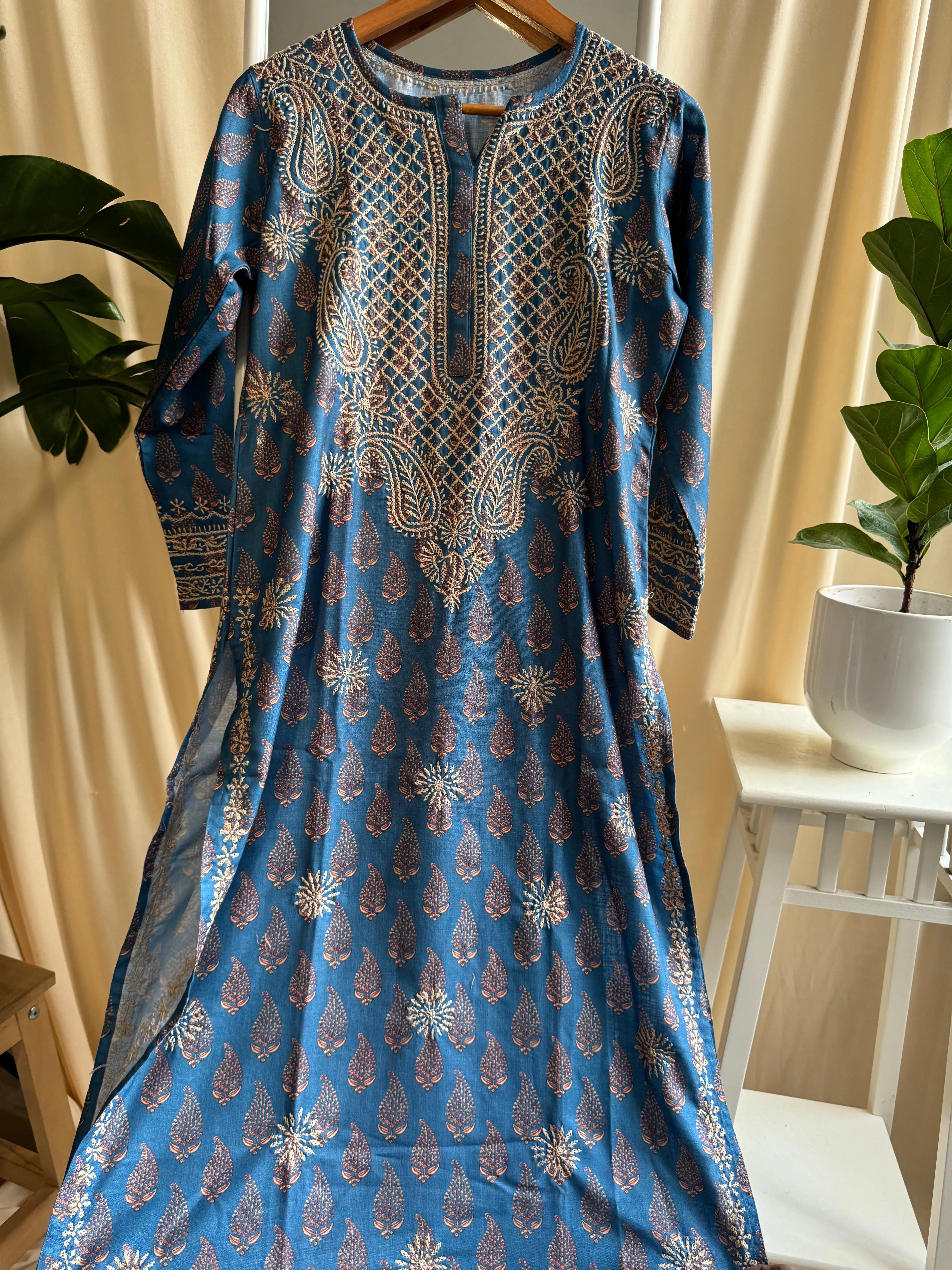 Cotton Printed Chikankari Kurti - Blue ARIAA CHIKANKARI