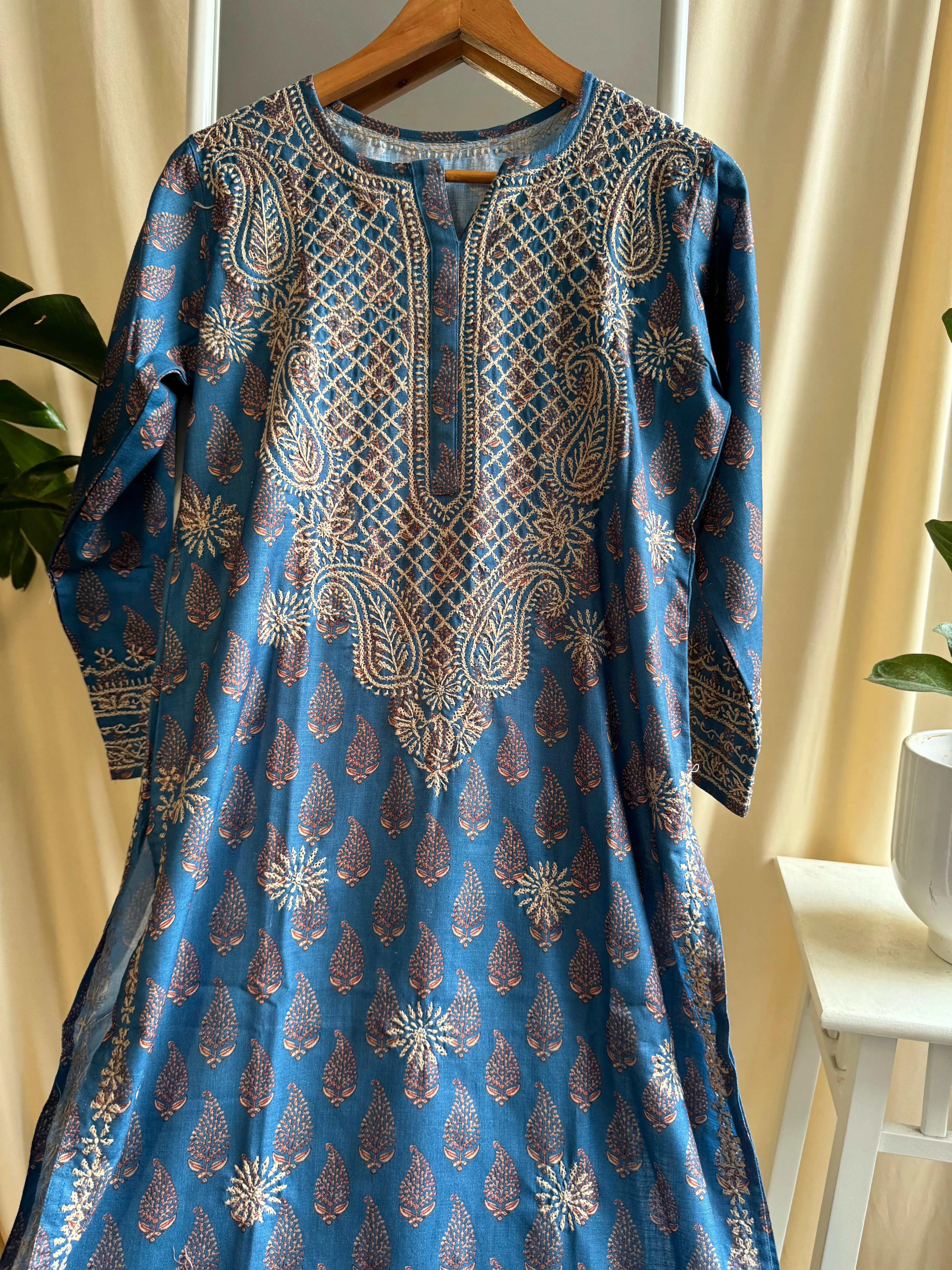 Cotton Printed Chikankari Kurti - Blue ARIAA CHIKANKARI