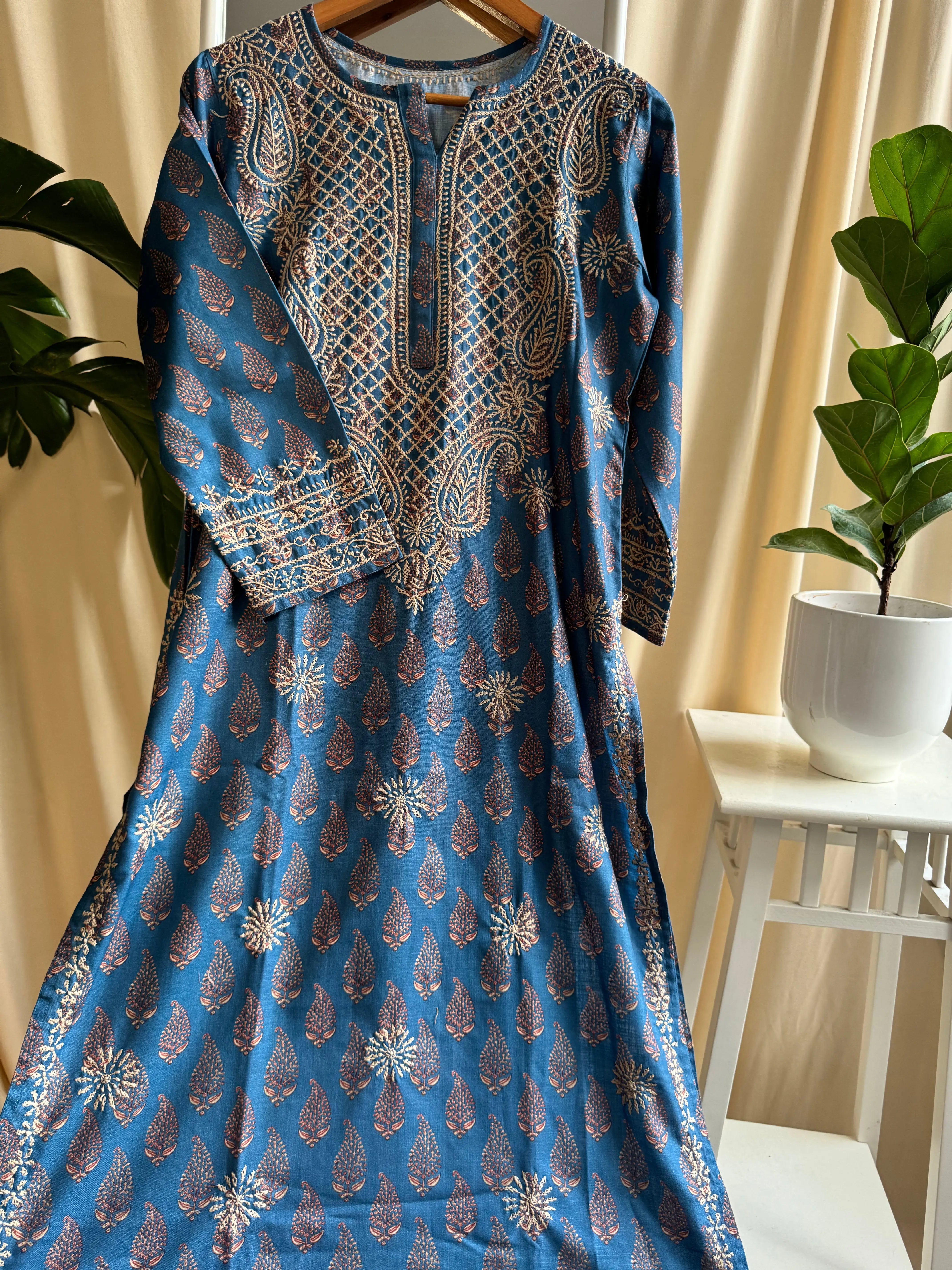 Cotton Printed Chikankari Kurti - Blue ARIAA CHIKANKARI
