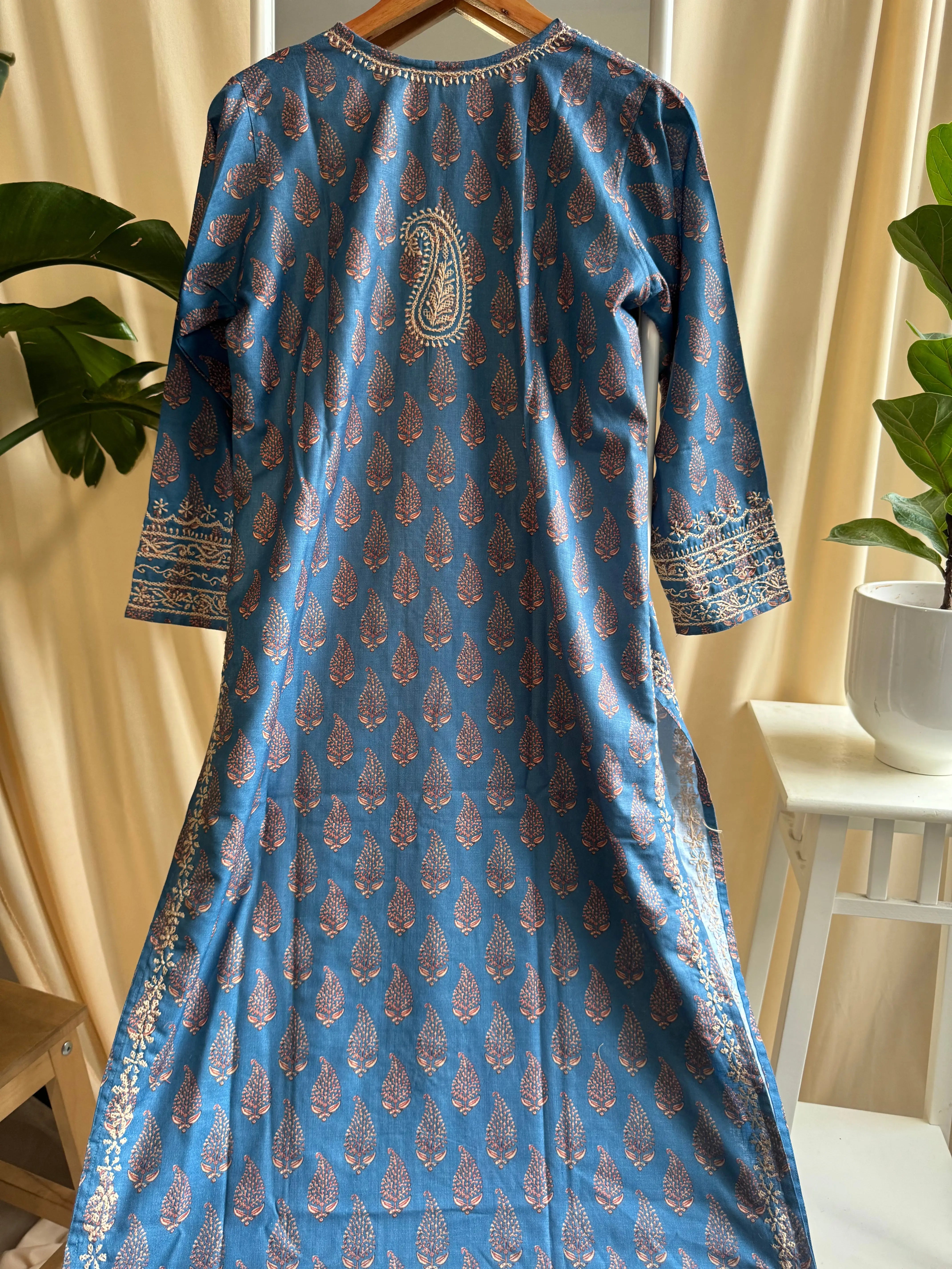 Cotton Printed Chikankari Kurti - Blue ARIAA CHIKANKARI