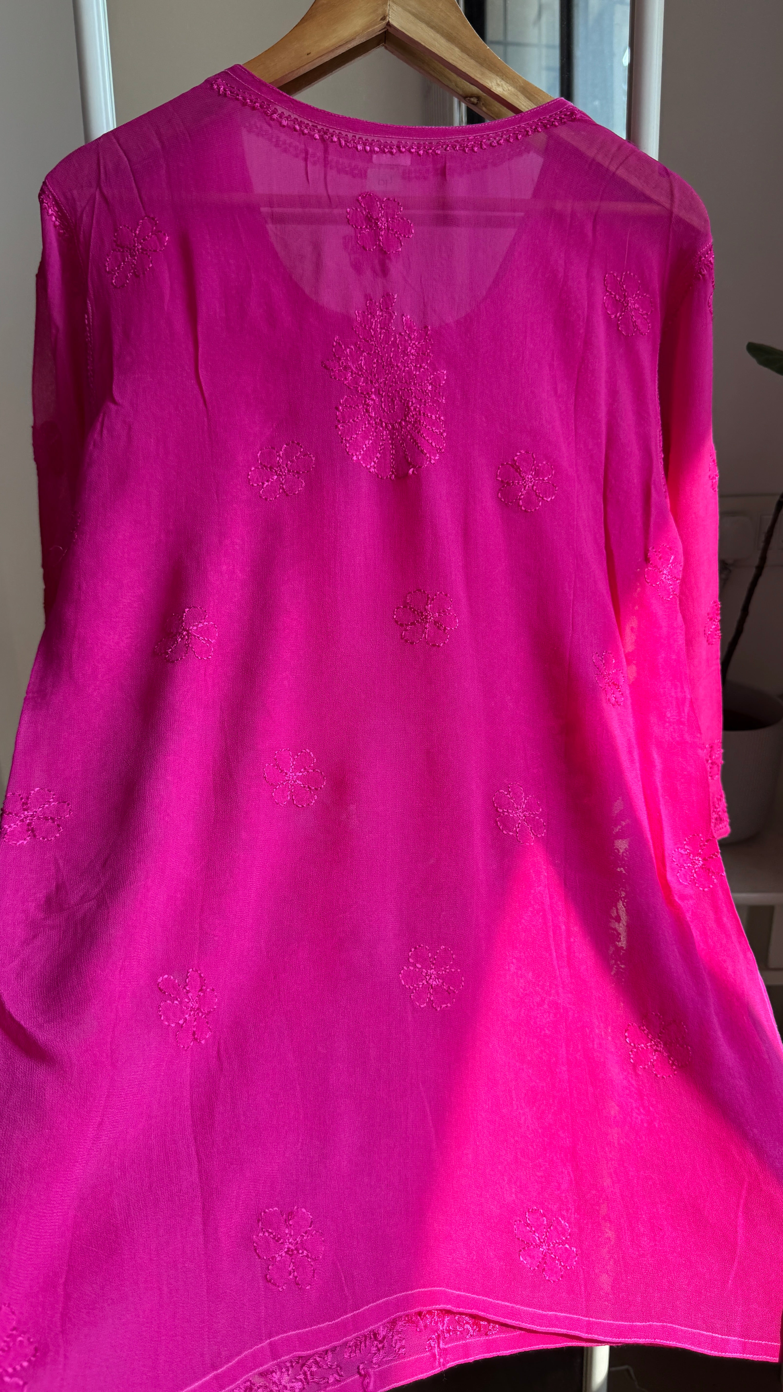 Chikankari Viscose Georgette short Top in Hot Pink