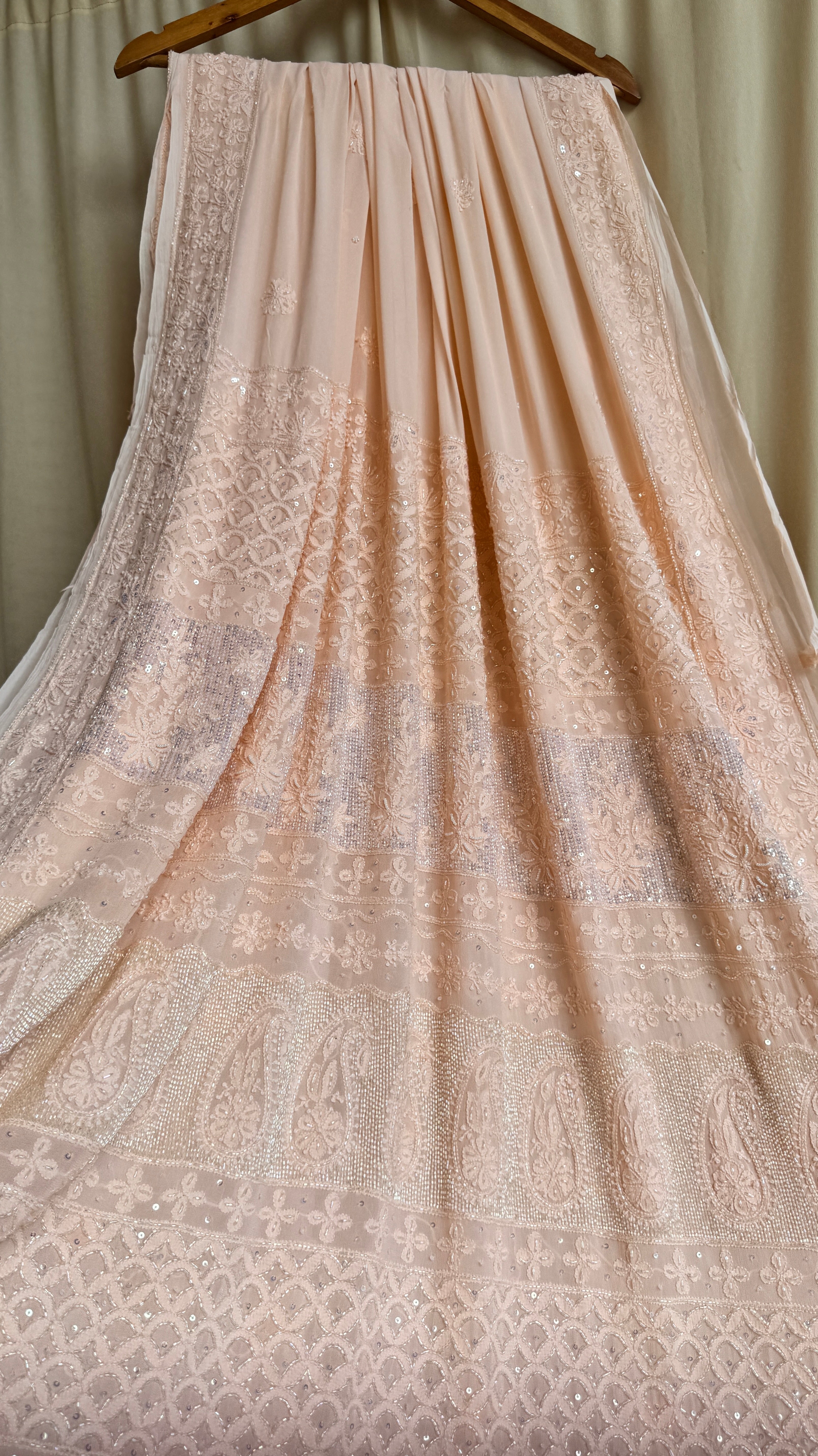 Viscose Peach Chikankari saree with Pearl embellishments