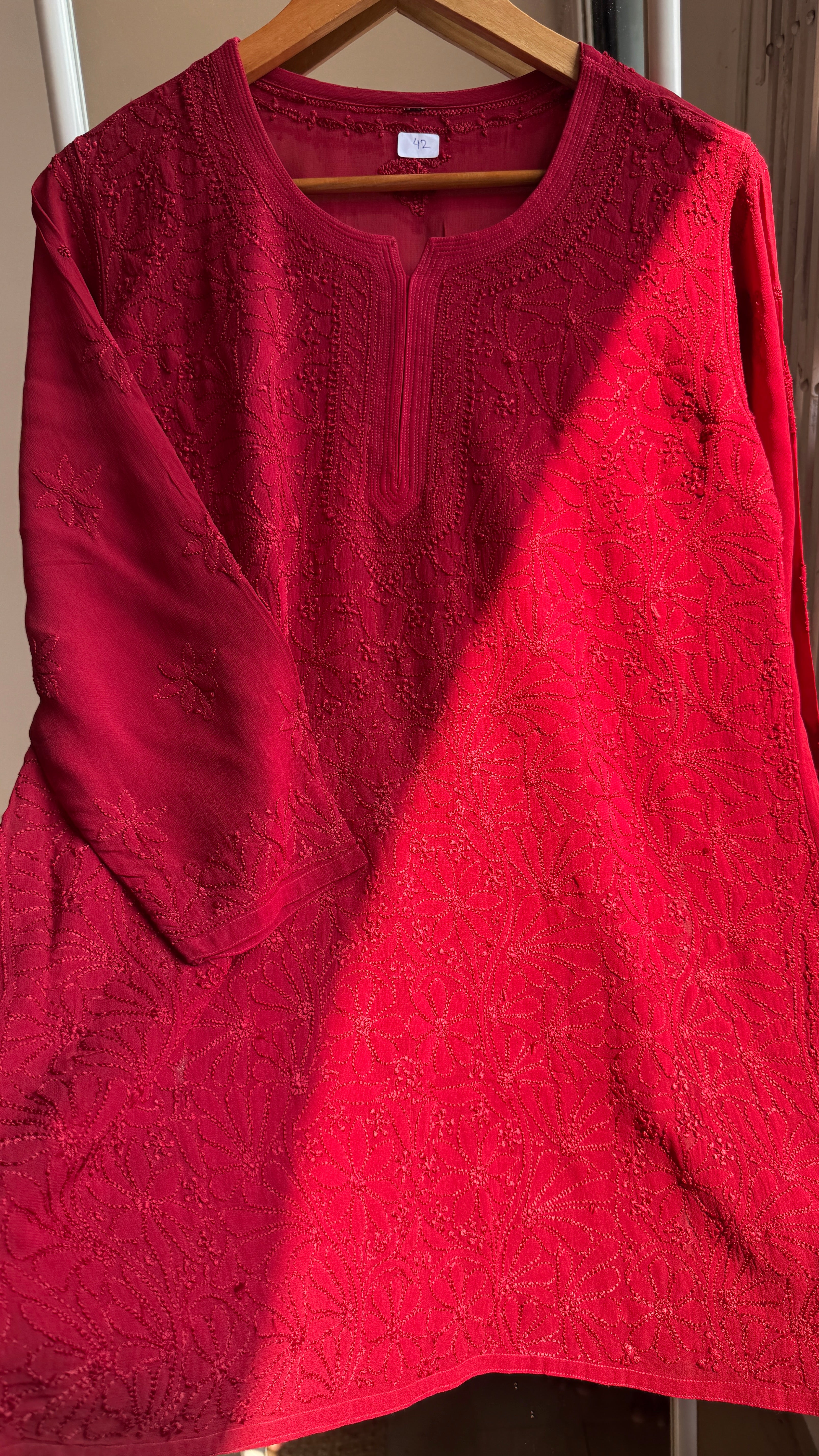 Chikankari Viscose Georgette short Top in Maroon