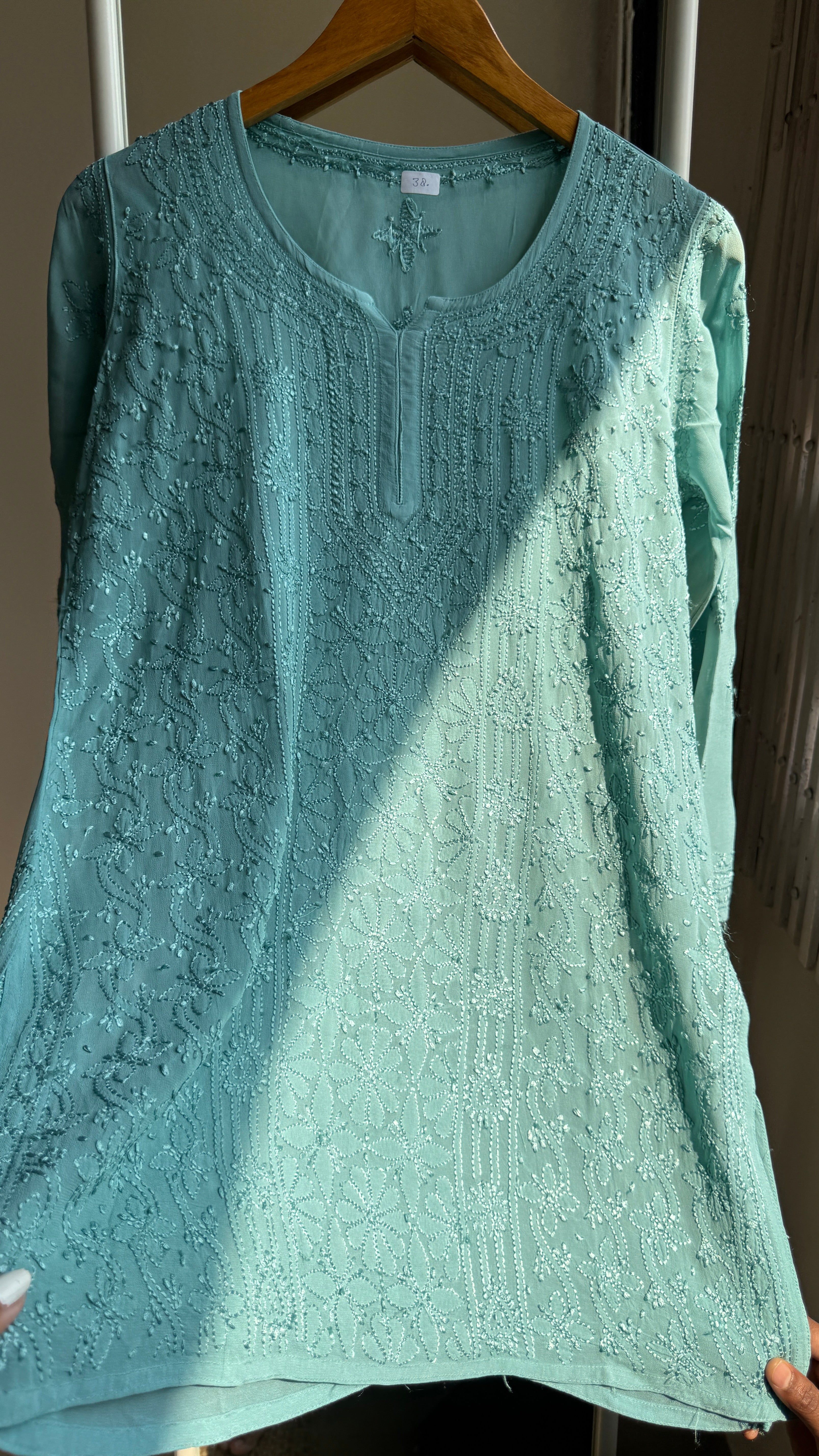 Chikankari Viscose Georgette short Top in Tiffany