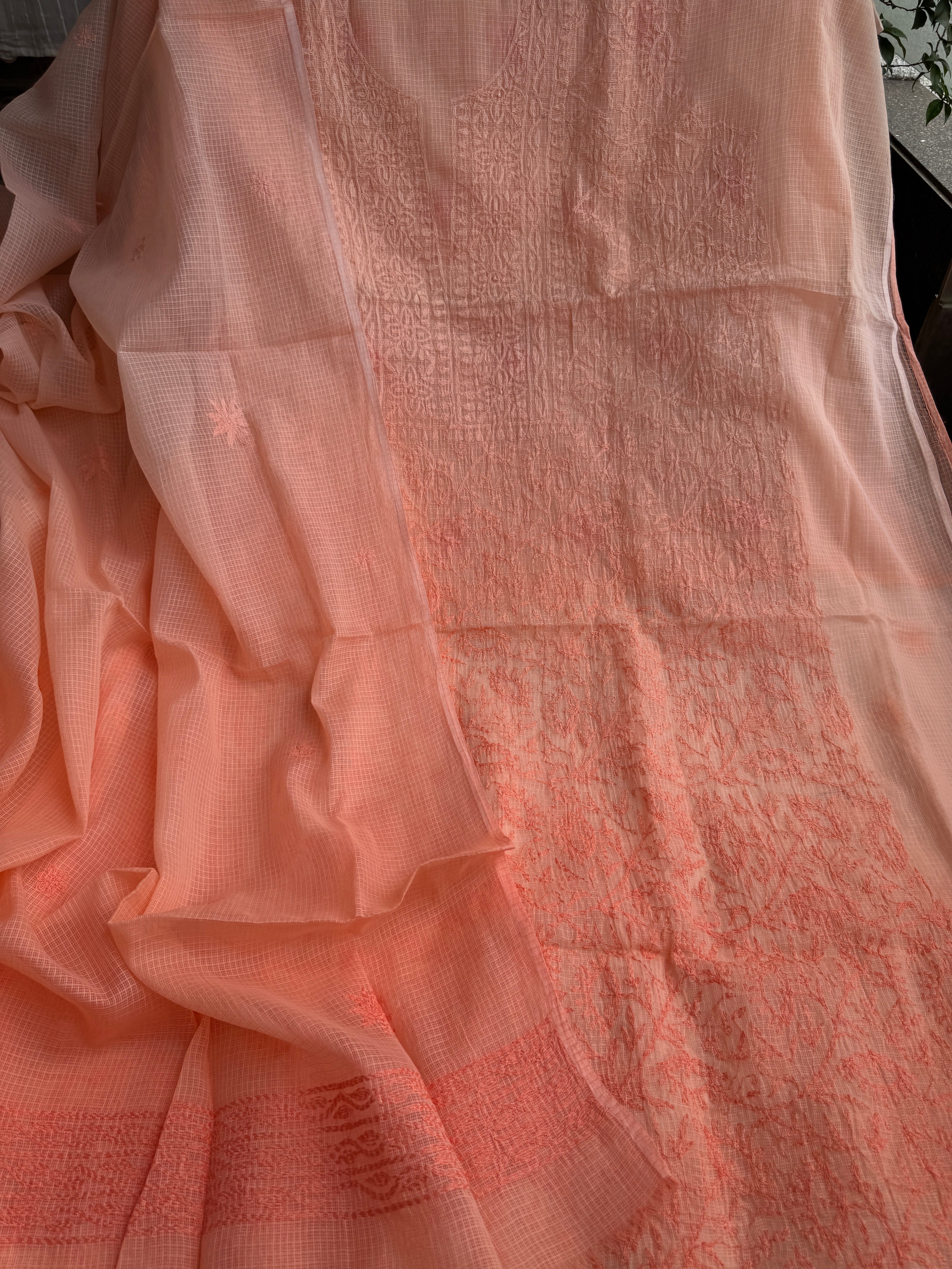 Kota Length with Dupatta in Tepchi work - Peach Ombre ARIAA CHIKANKARI