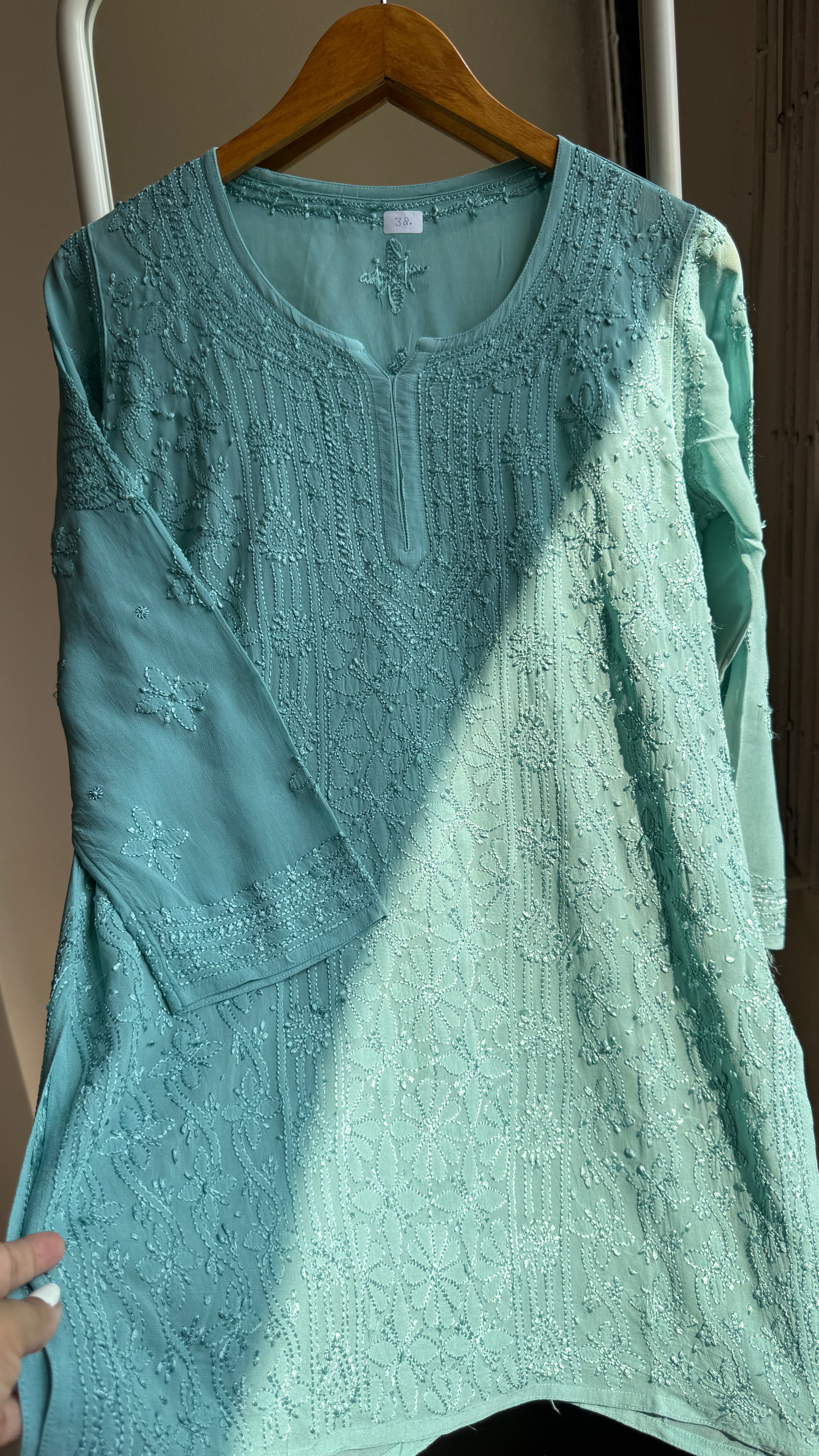 Chikankari Viscose Georgette short Top in Tiffany