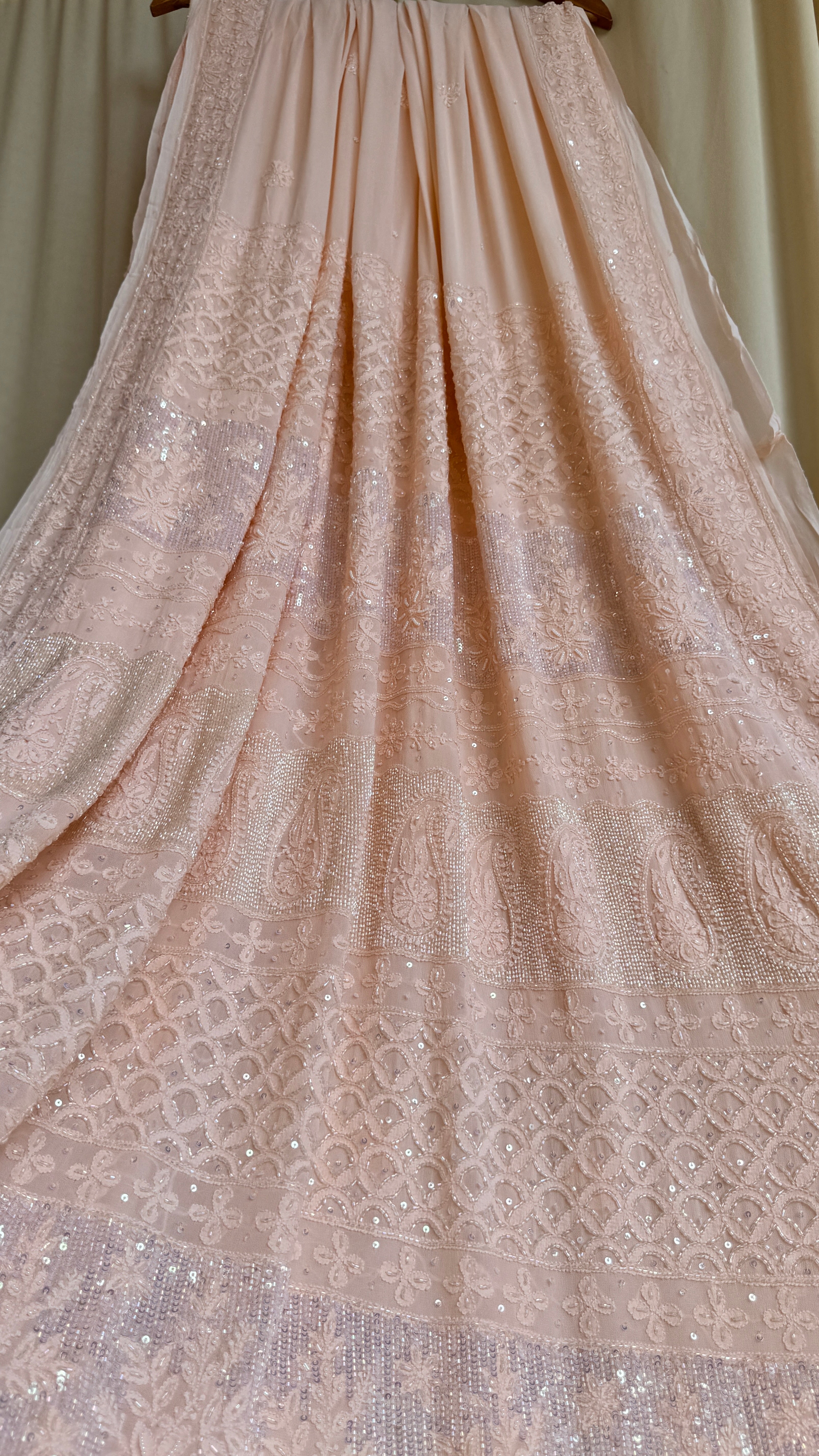 Viscose Peach Chikankari saree with Pearl embellishments