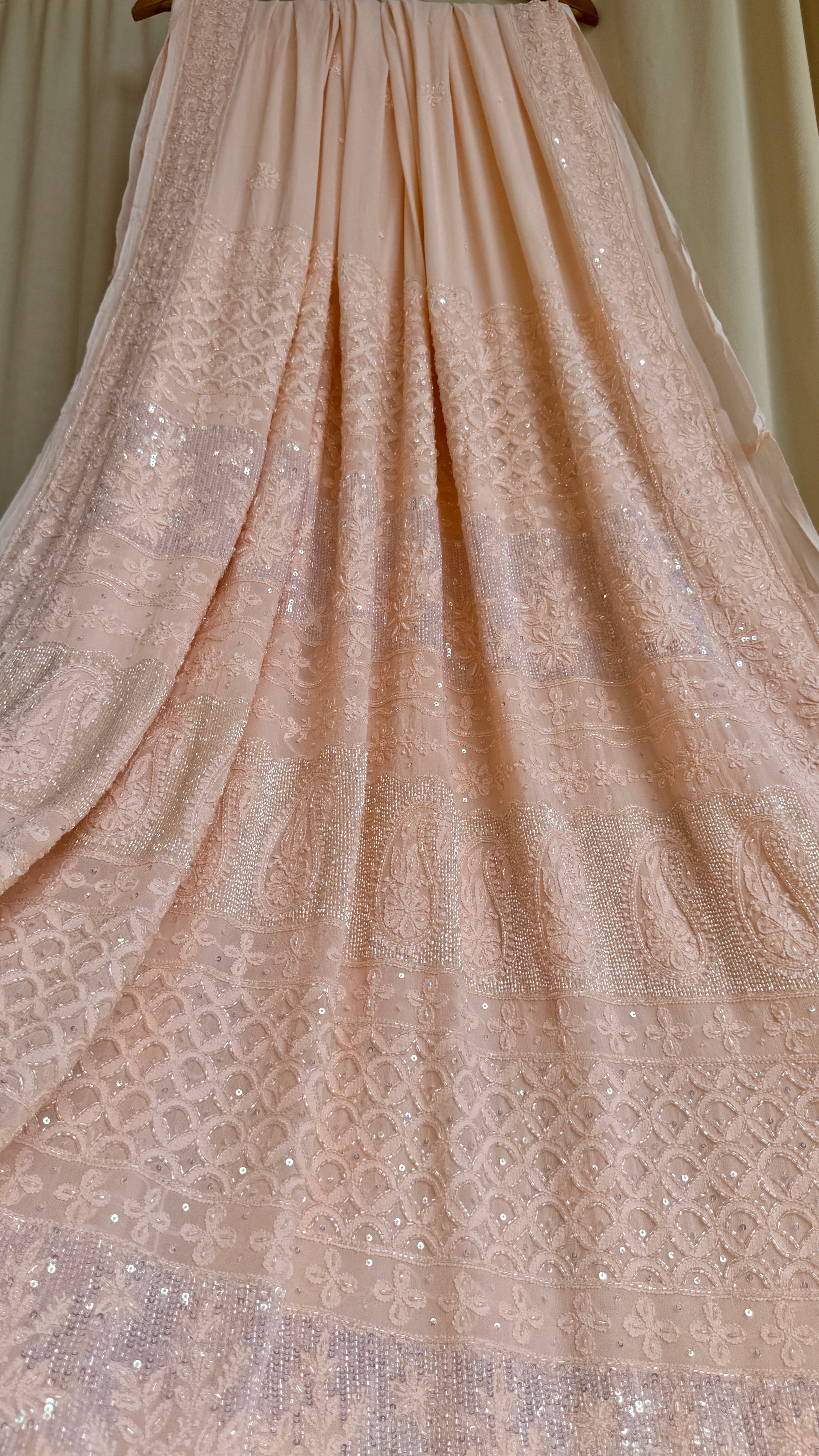 Viscose Peach Chikankari saree with Pearl embellishments