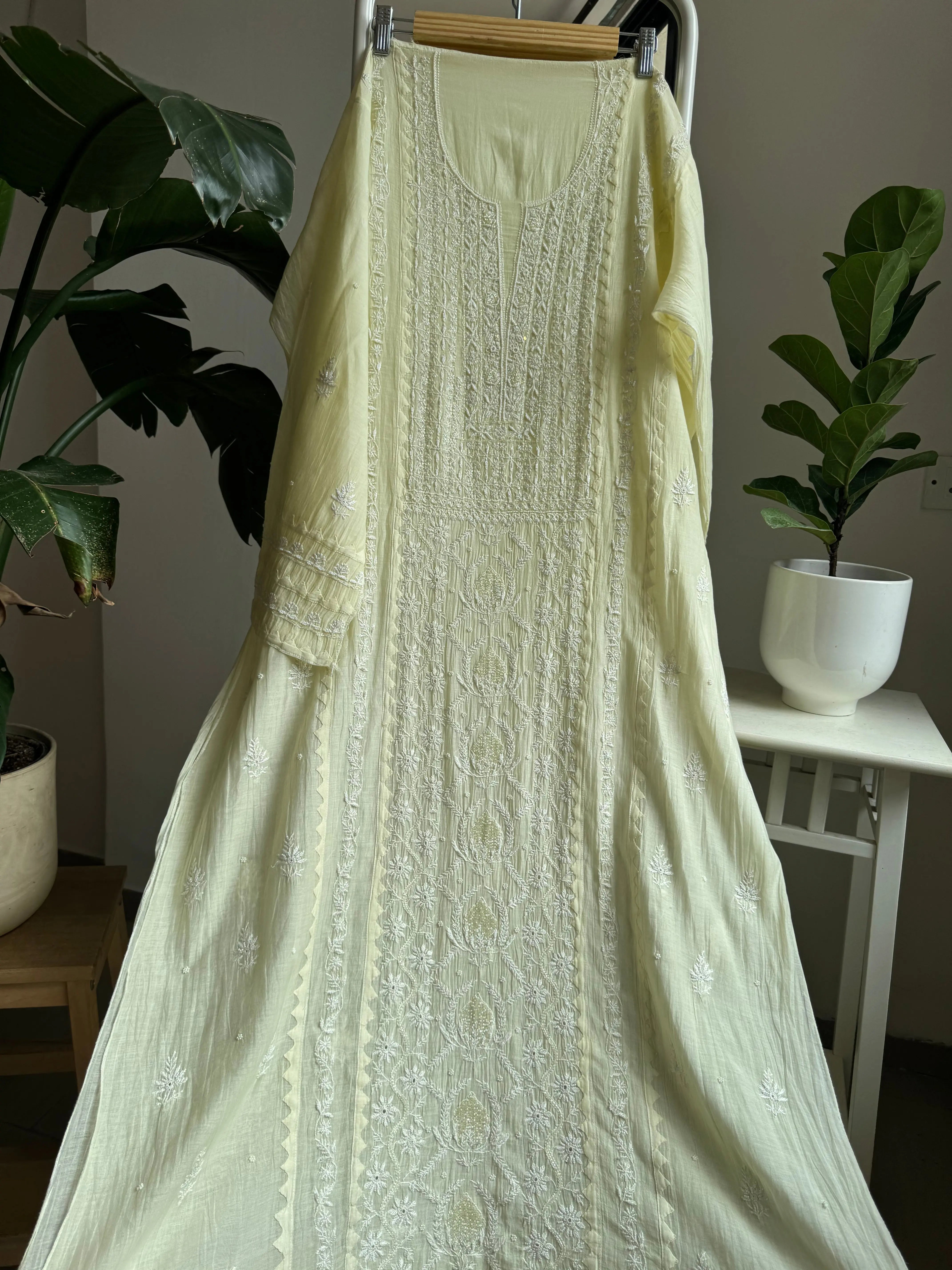 Mul Chanderi Anarkali - Yellow ARIAA CHIKANKARI