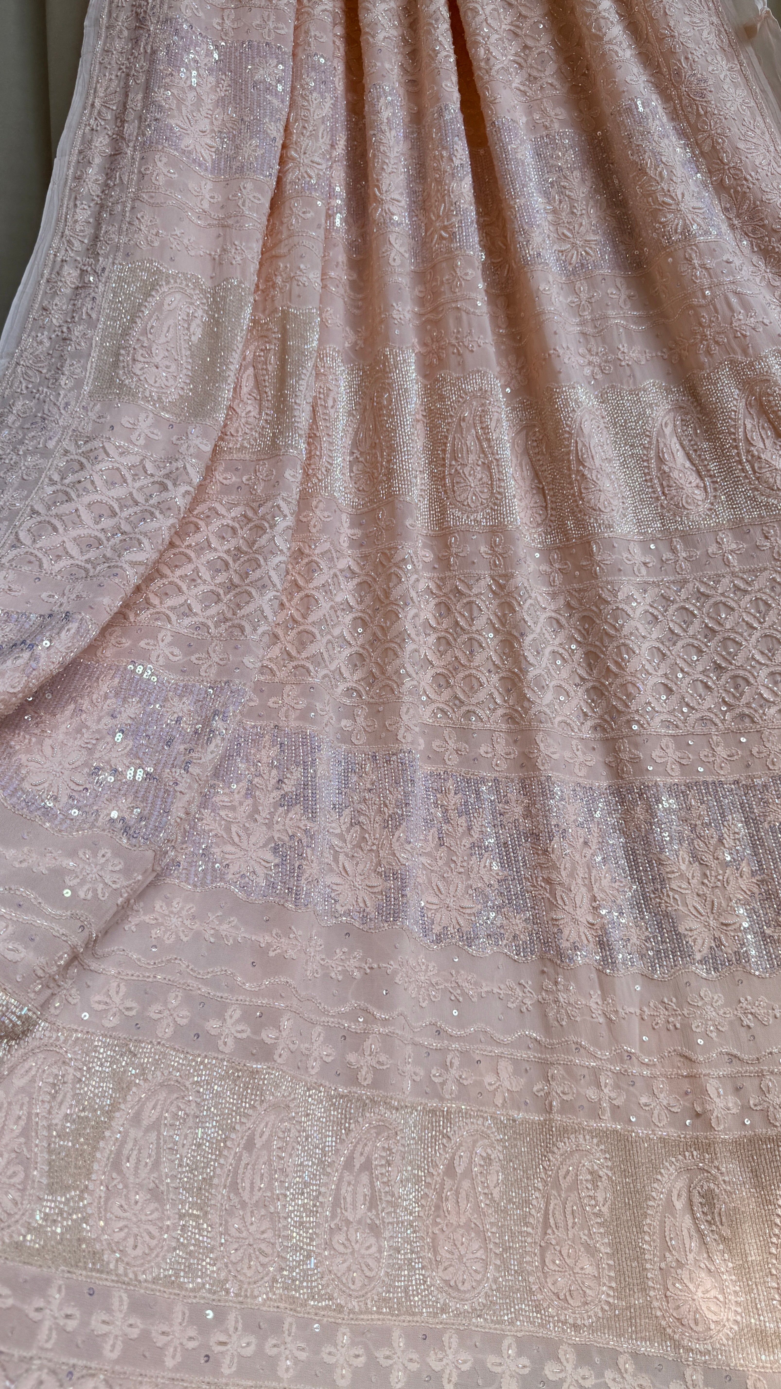 Viscose Peach Chikankari saree with Pearl embellishments