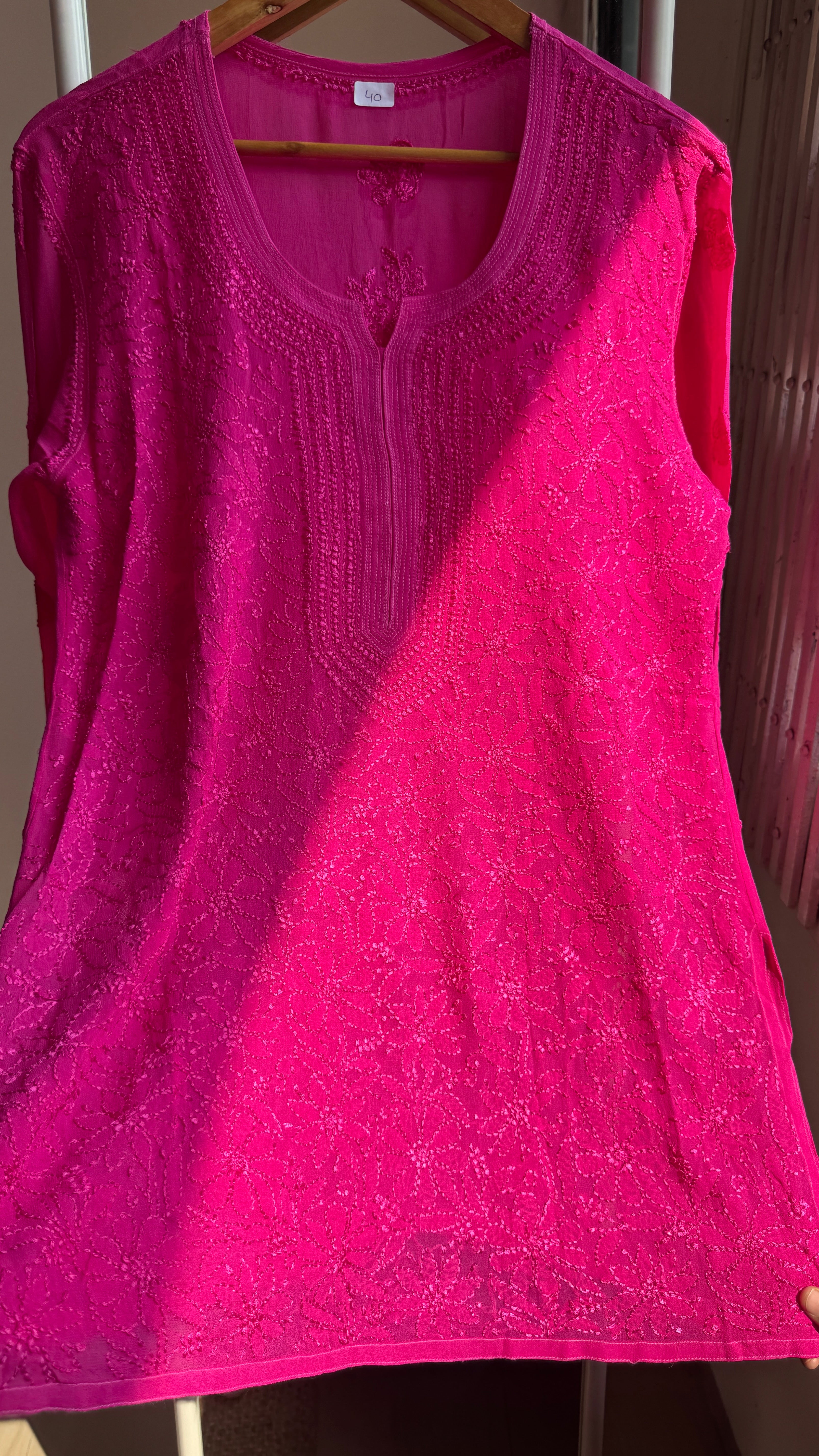 Chikankari Viscose Georgette short Top in Hot Pink