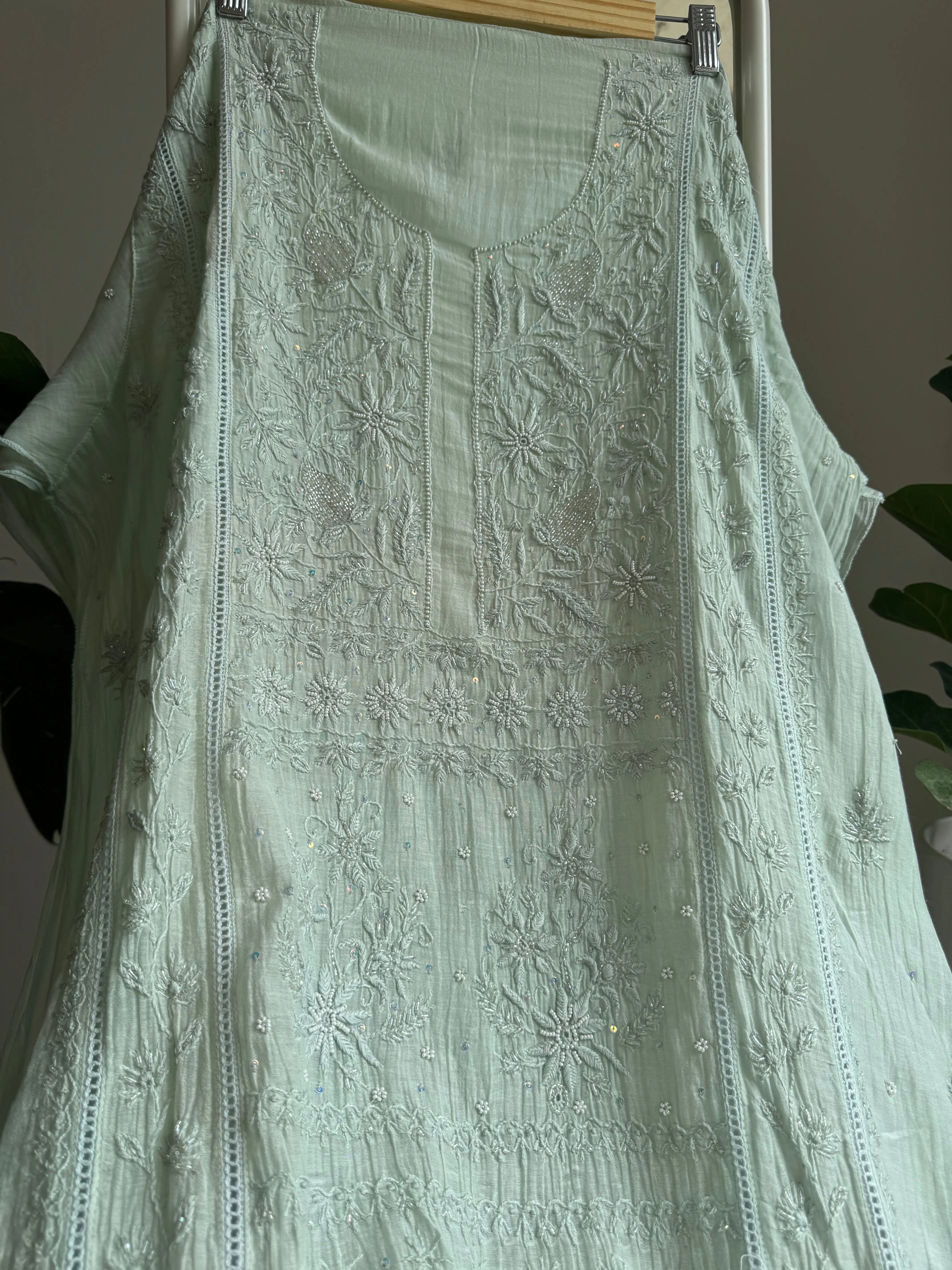 Mul Chanderi Straight Tunic - Sage Green ARIAA CHIKANKARI