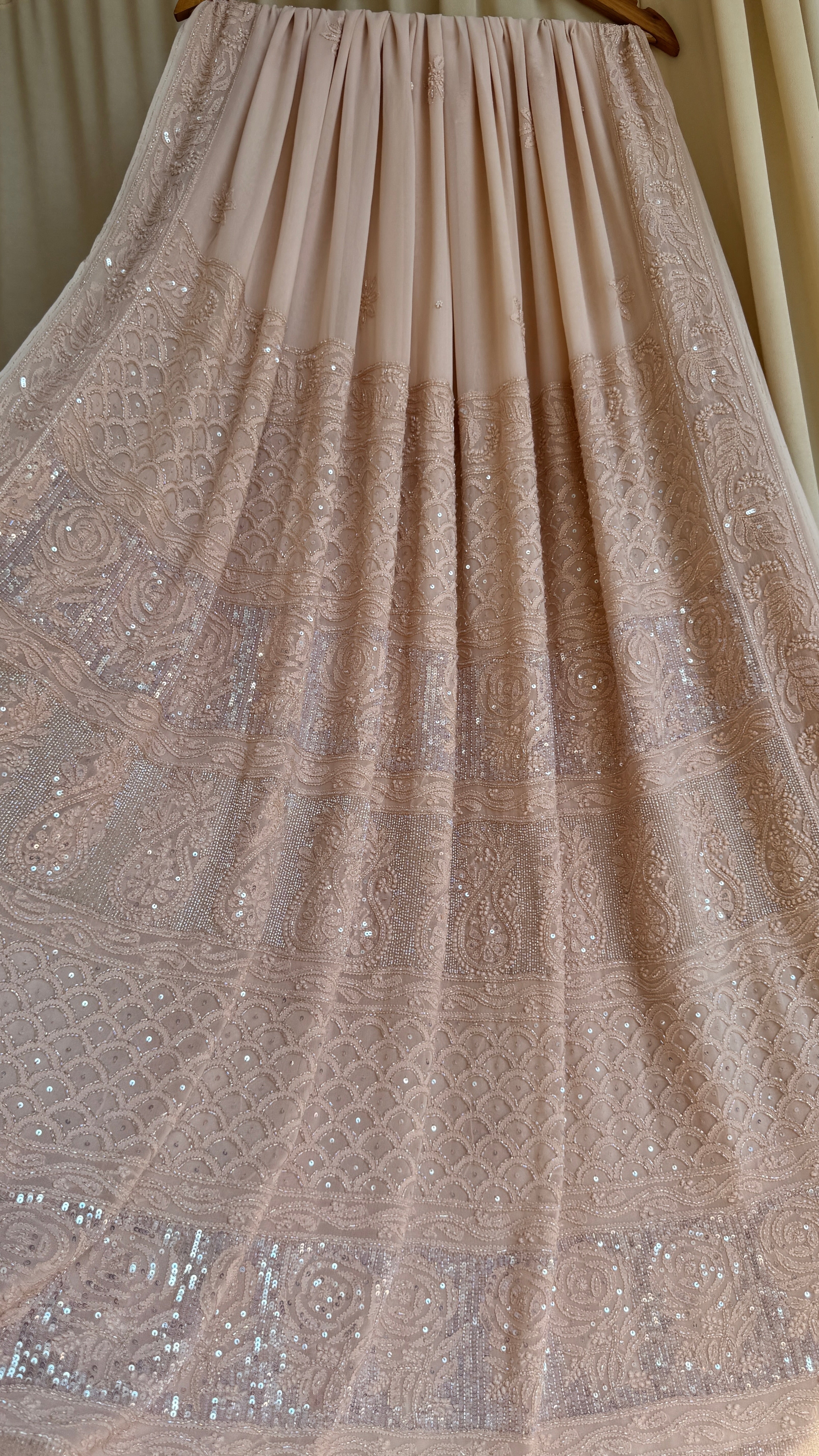 Viscose Nude Beige Chikankari saree with Pearl embellishments