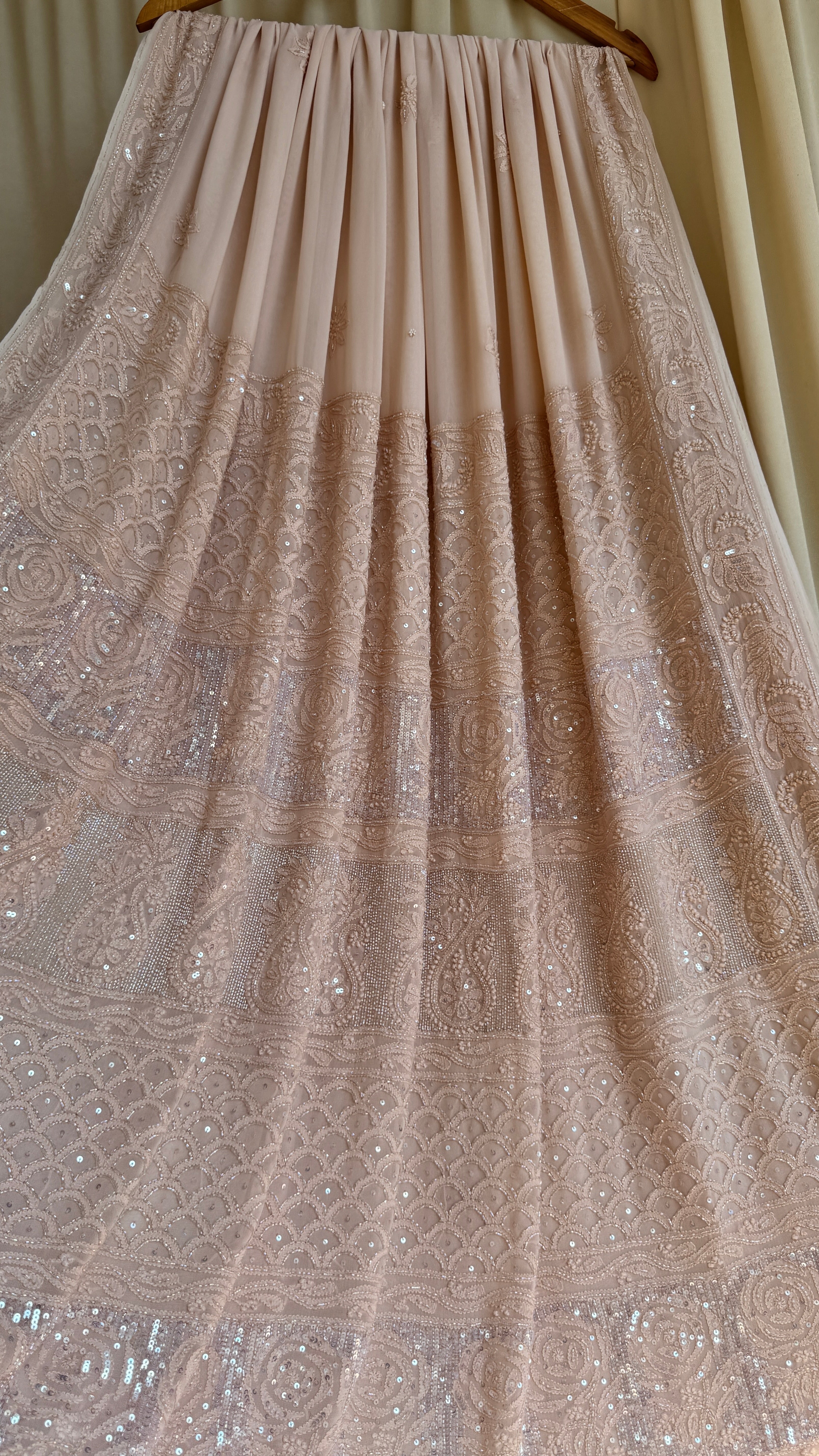 Viscose Nude Beige Chikankari saree with Pearl embellishments