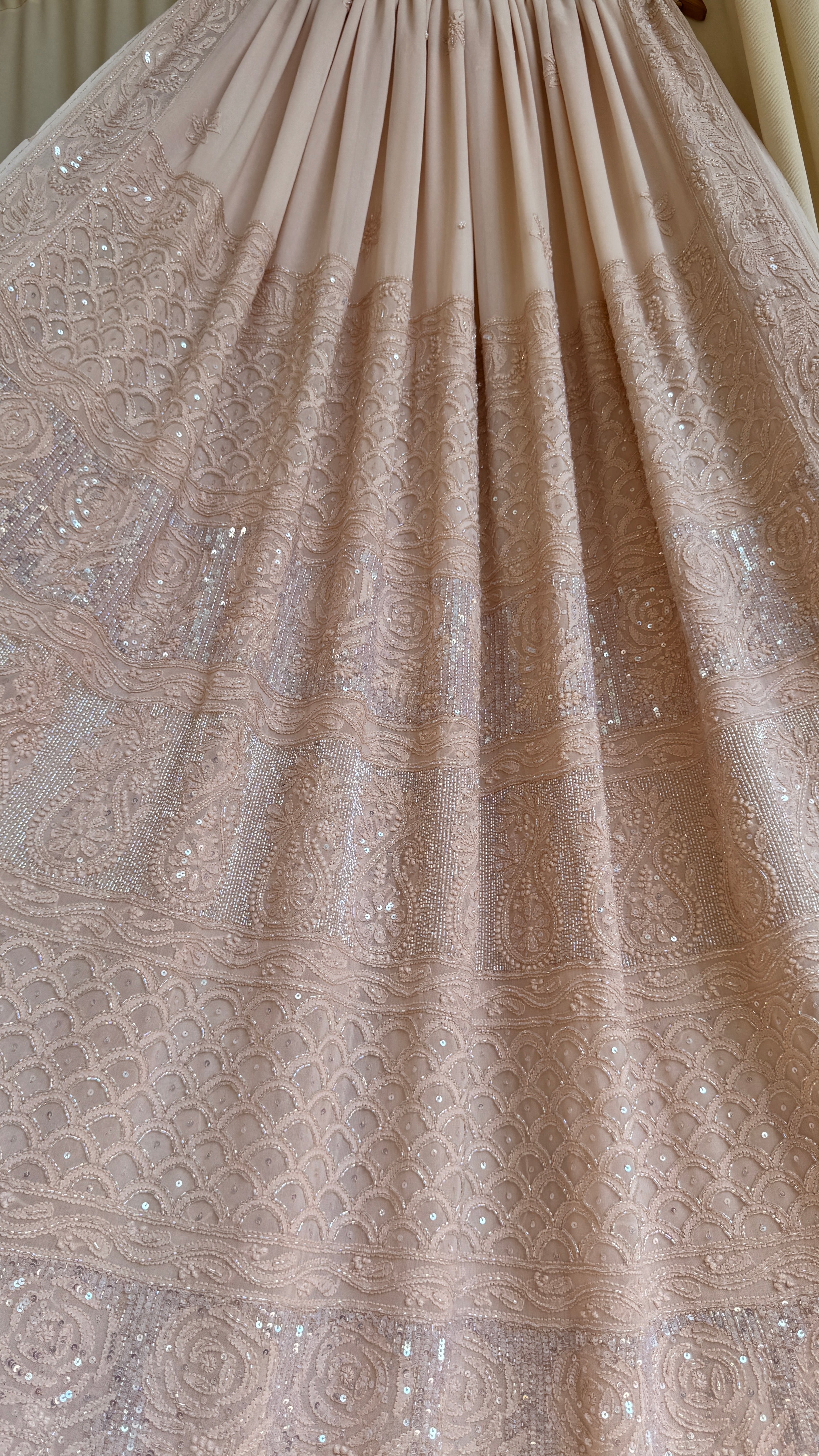 Viscose Nude pink Chikankari saree with Pearl embellishments