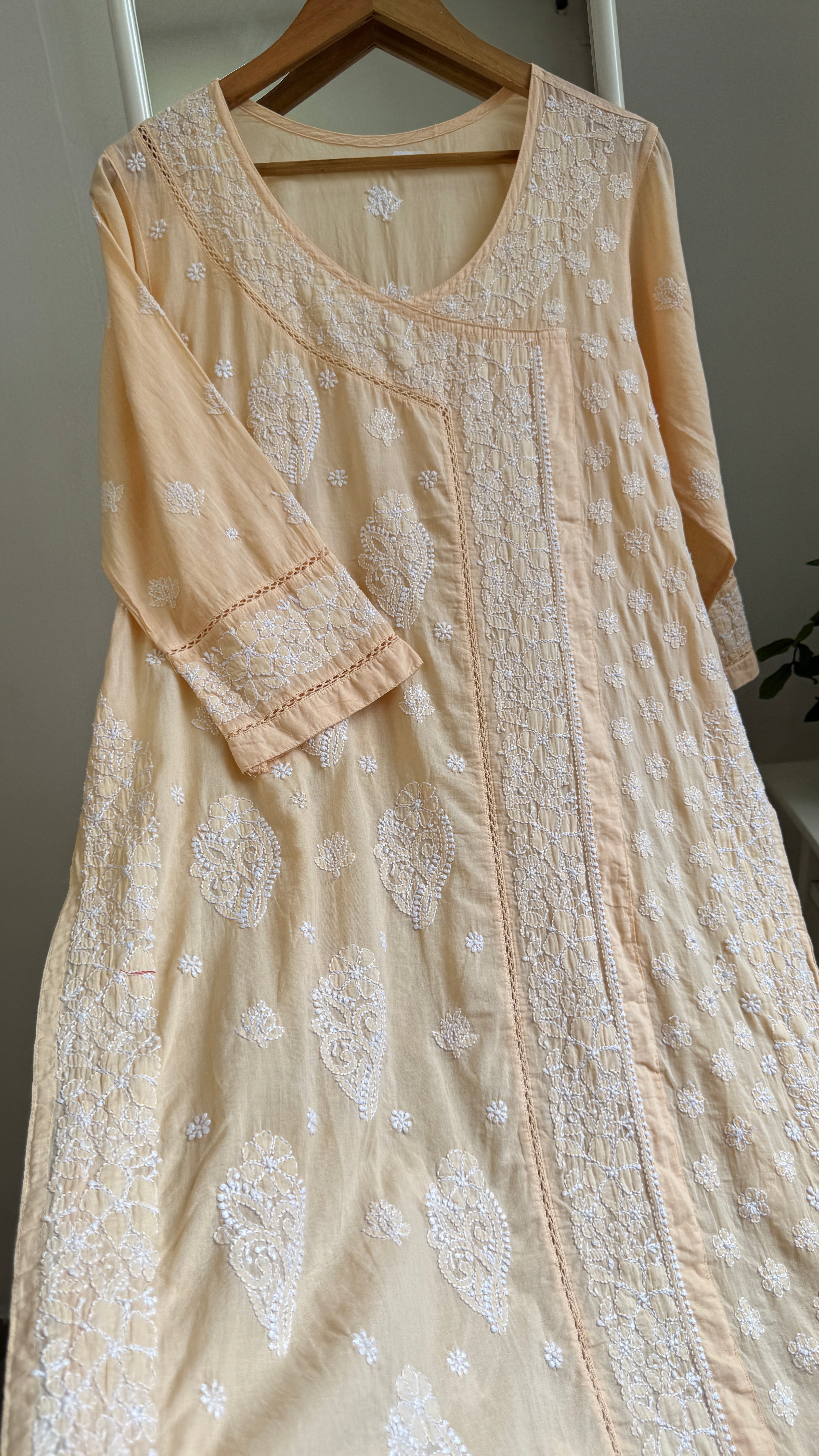 Mul Cotton Peach Chikankari Kurti - Saaz Collection
