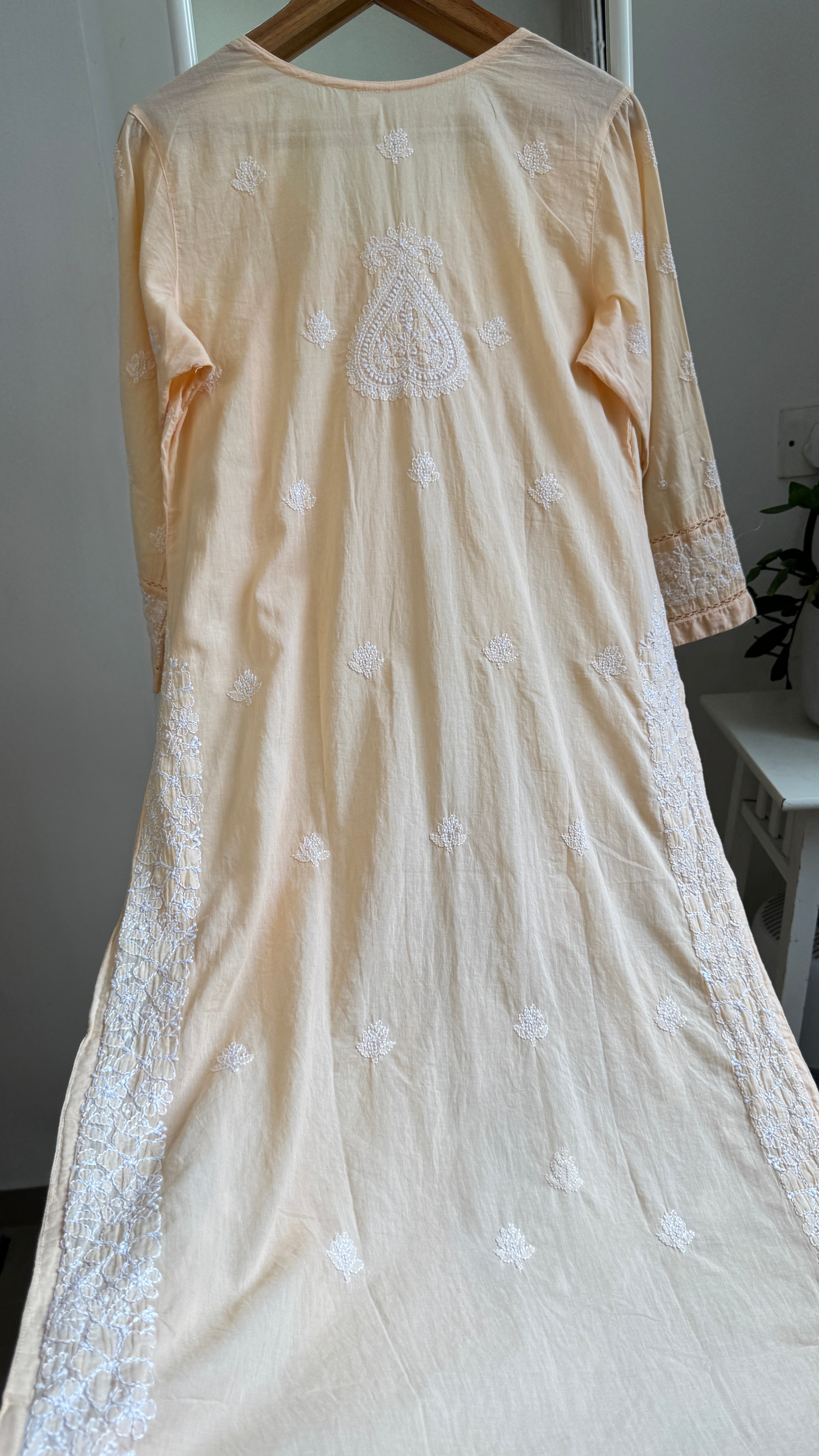 Mul Cotton Peach Chikankari Kurti - Saaz Collection