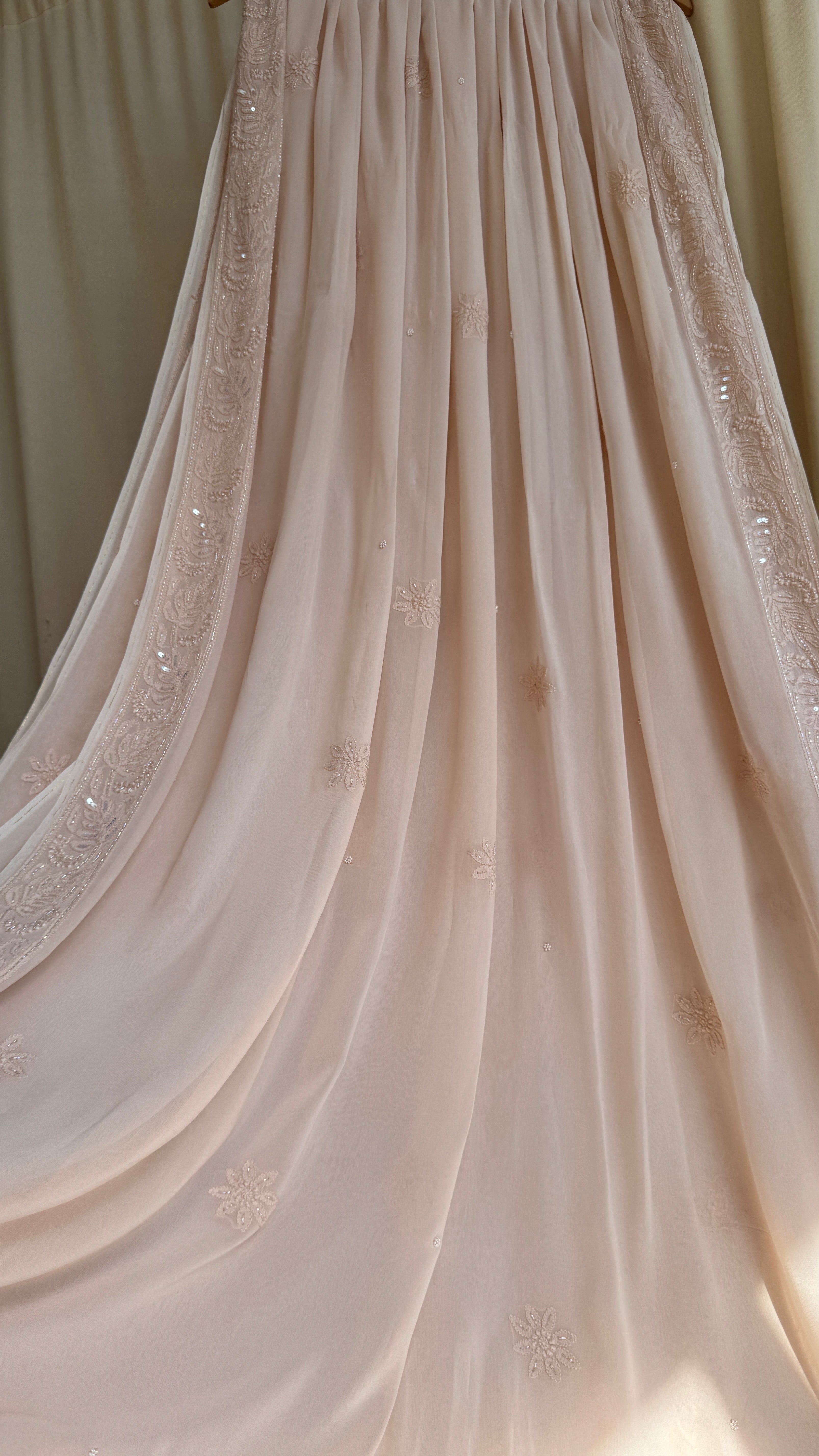 Viscose Nude Beige Chikankari saree with Pearl embellishments